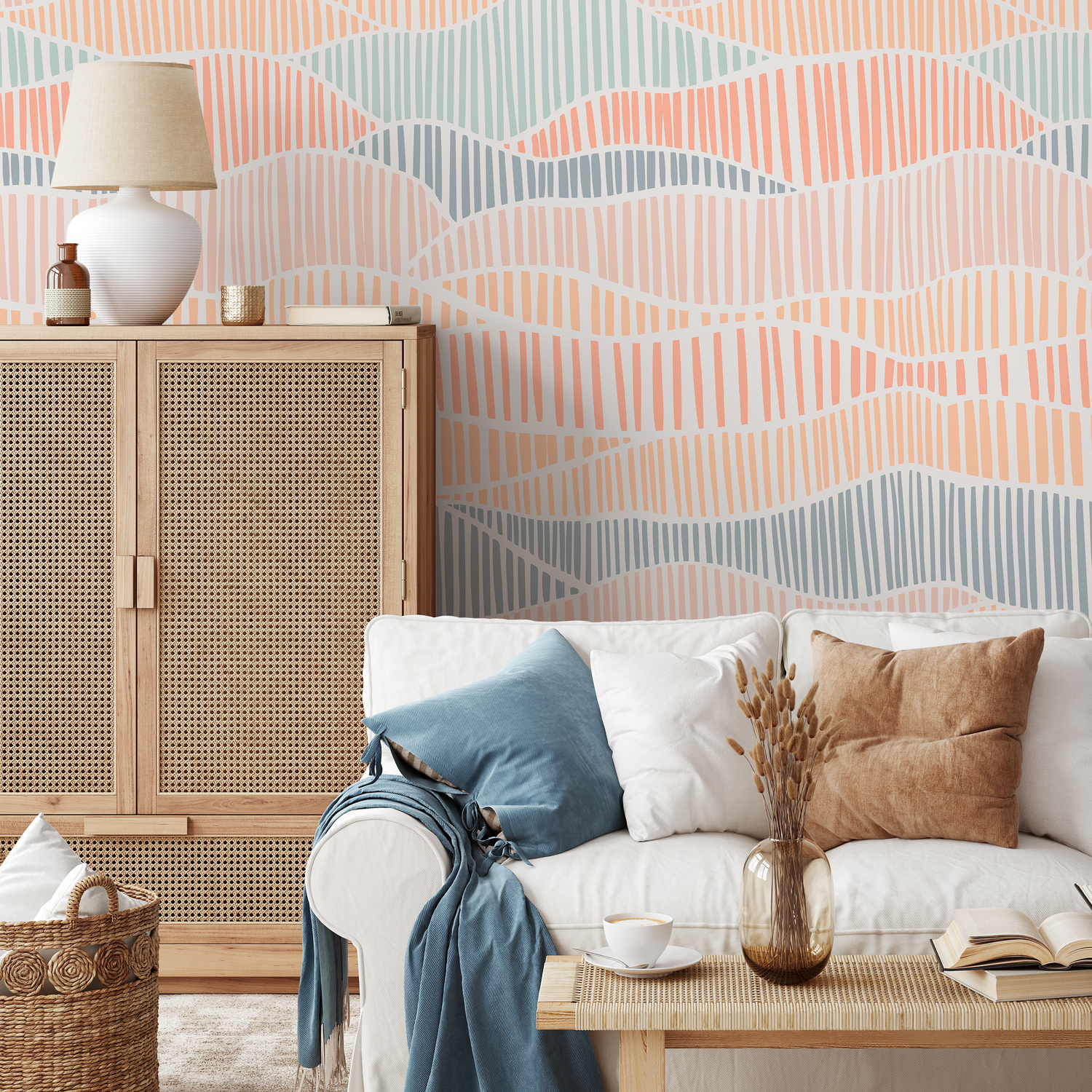 Papier peint autocollant, papier peint amovible, décoration d'intérieur, art mural, décoration murale, décoration de chambre / Papier peint à lignes bleues et roses - C453