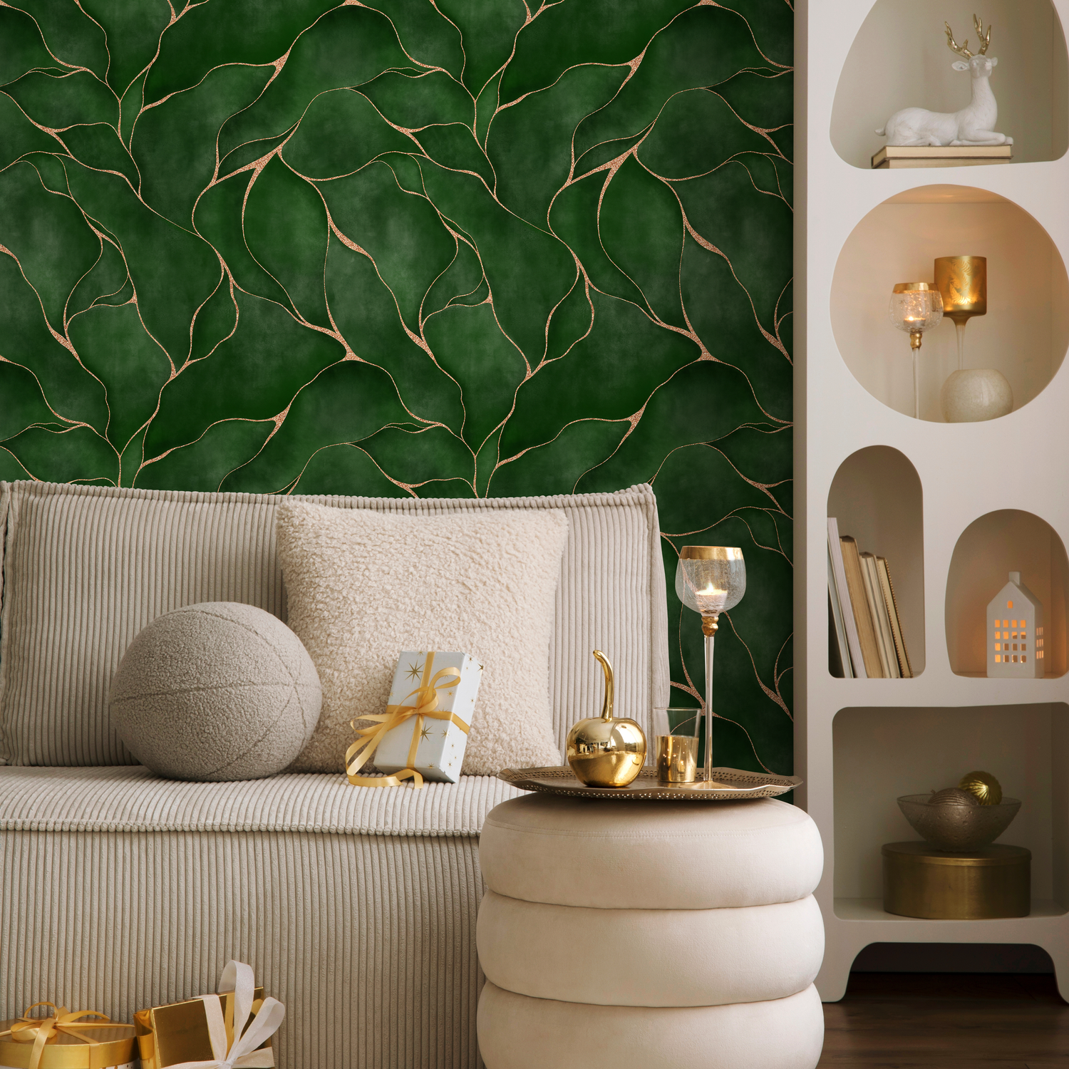 Abstract Wallpaper with Wavy Golden Lines in Green and Gold - C455