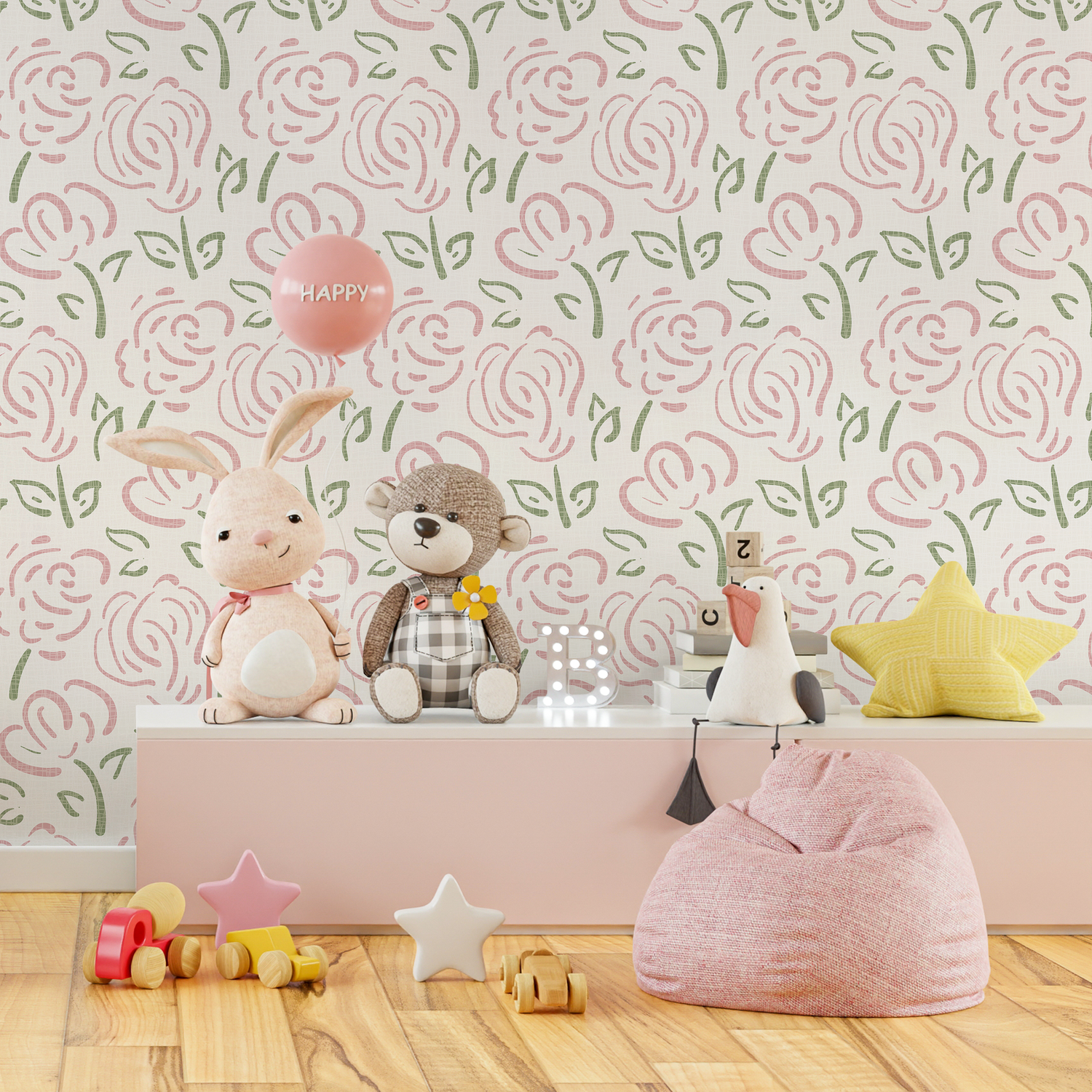 Floral Wallpaper Featuring Sketched Roses in Pink and Green - C457