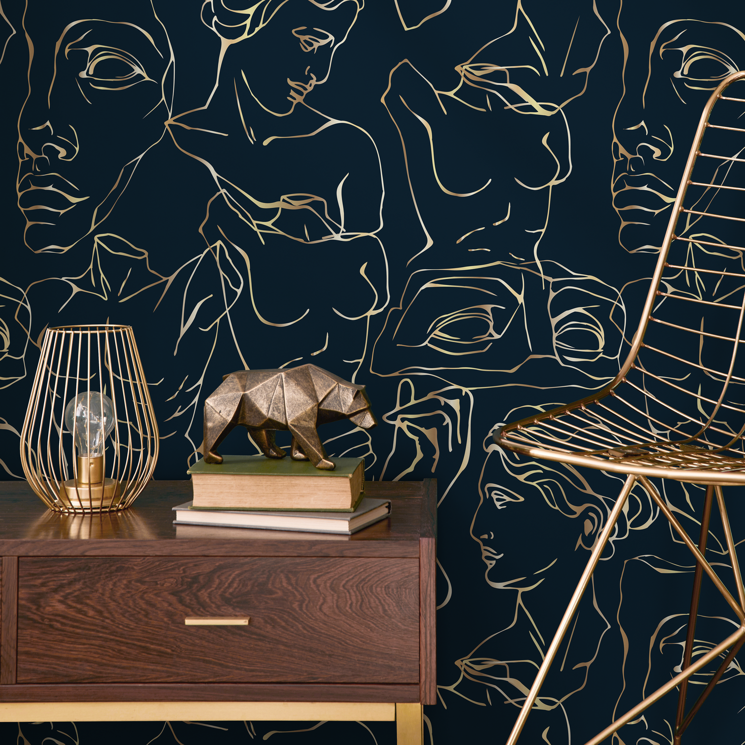 Line Art Wallpaper with Classical Greek Figures in Navy and Gold - C459