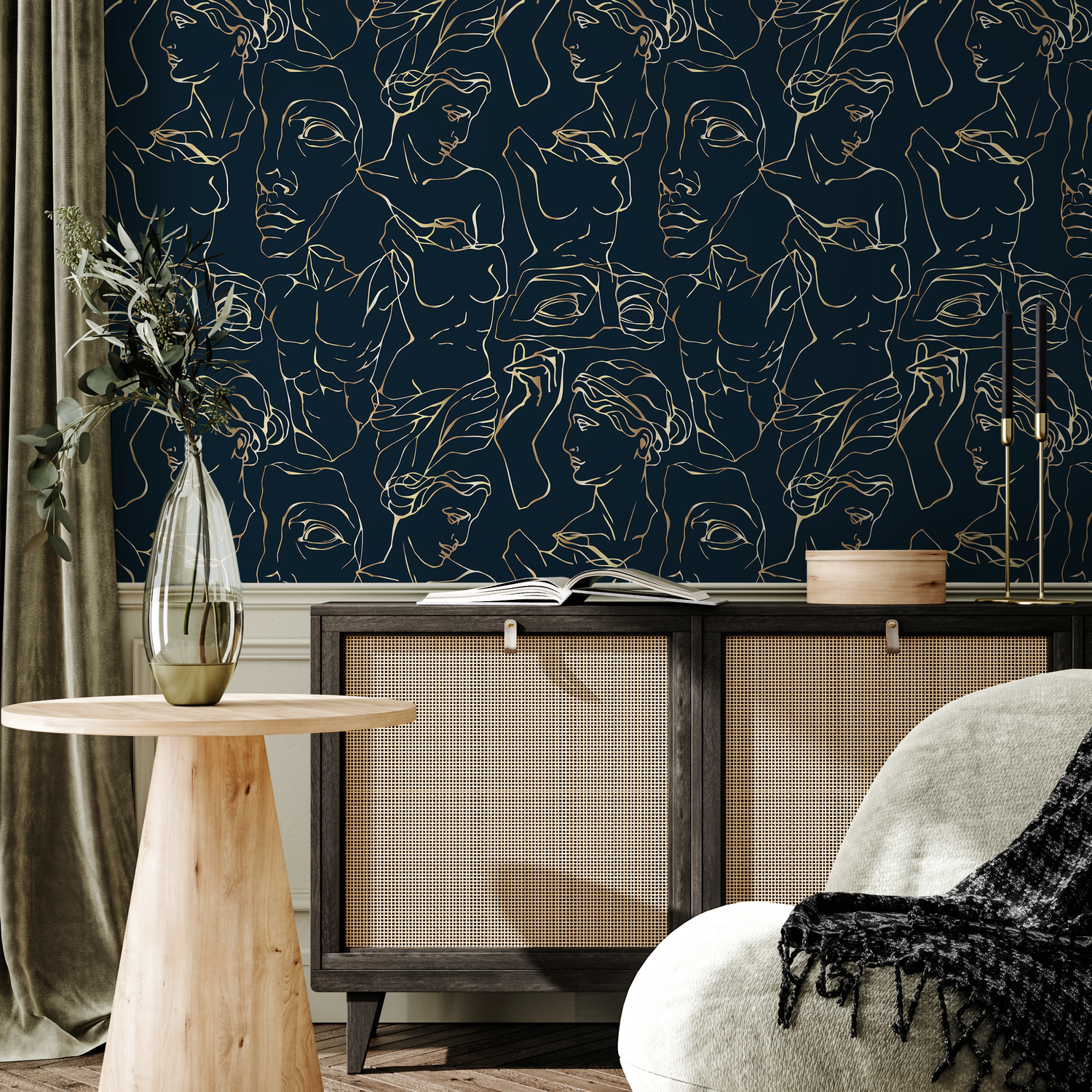 Line Art Wallpaper with Classical Greek Figures in Navy and Gold - C459