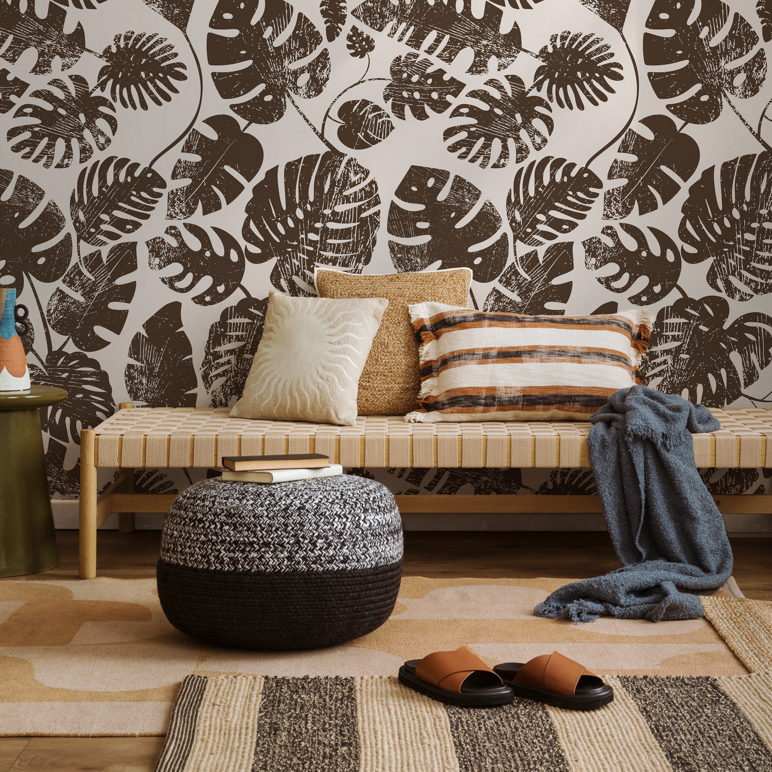 Papel tapiz autoadhesivo, papel tapiz extraíble, decoración del hogar, arte de pared, decoración de habitaciones / Papel tapiz bohemio con hojas de monstera - C462