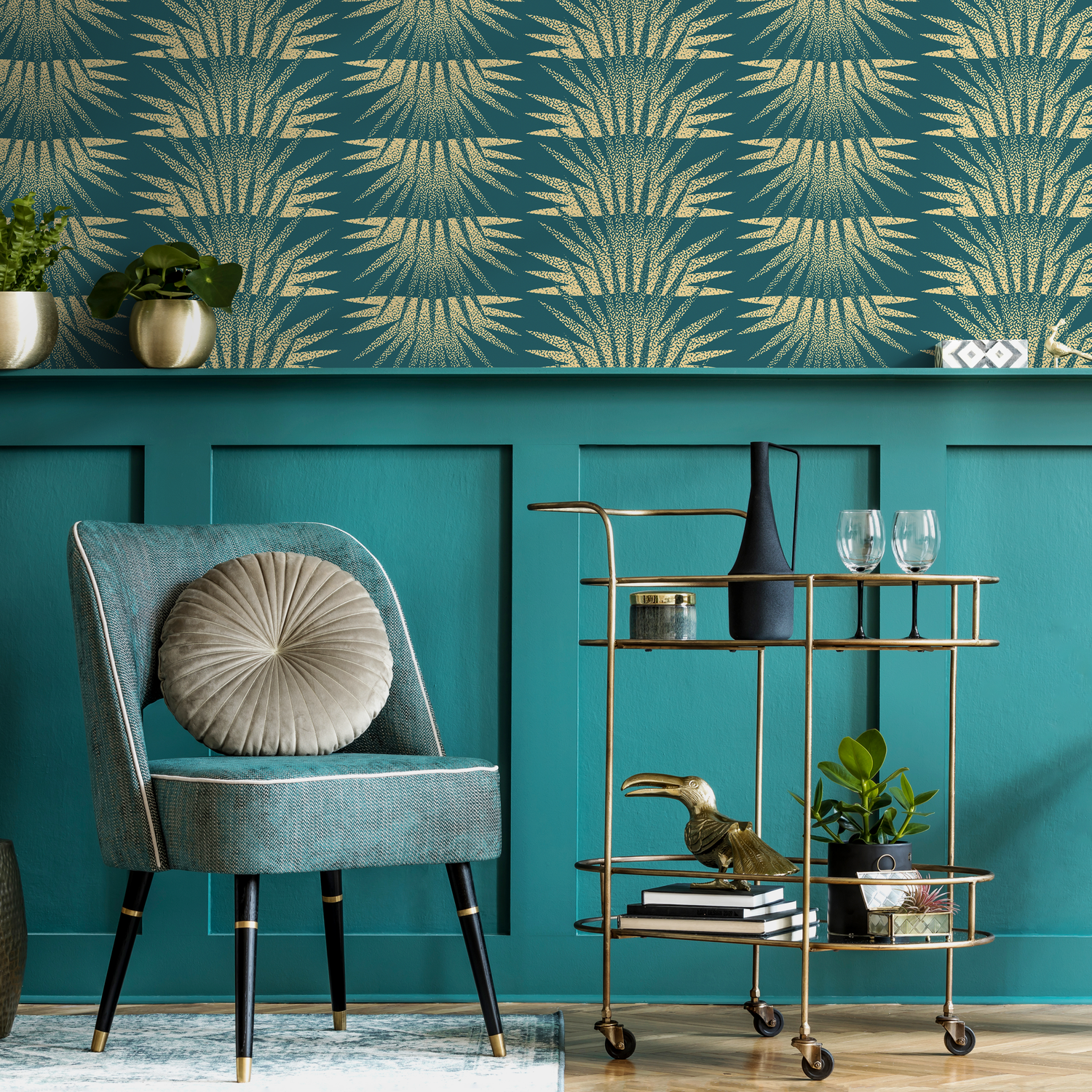 Art Deco Wallpaper with a Stippled Sunburst Motif in Teal and Gold - C463