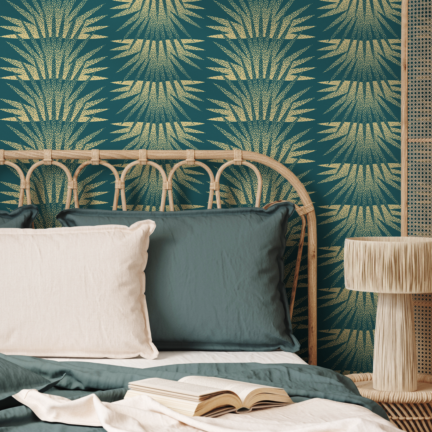 Art Deco Wallpaper with a Stippled Sunburst Motif in Teal and Gold - C463