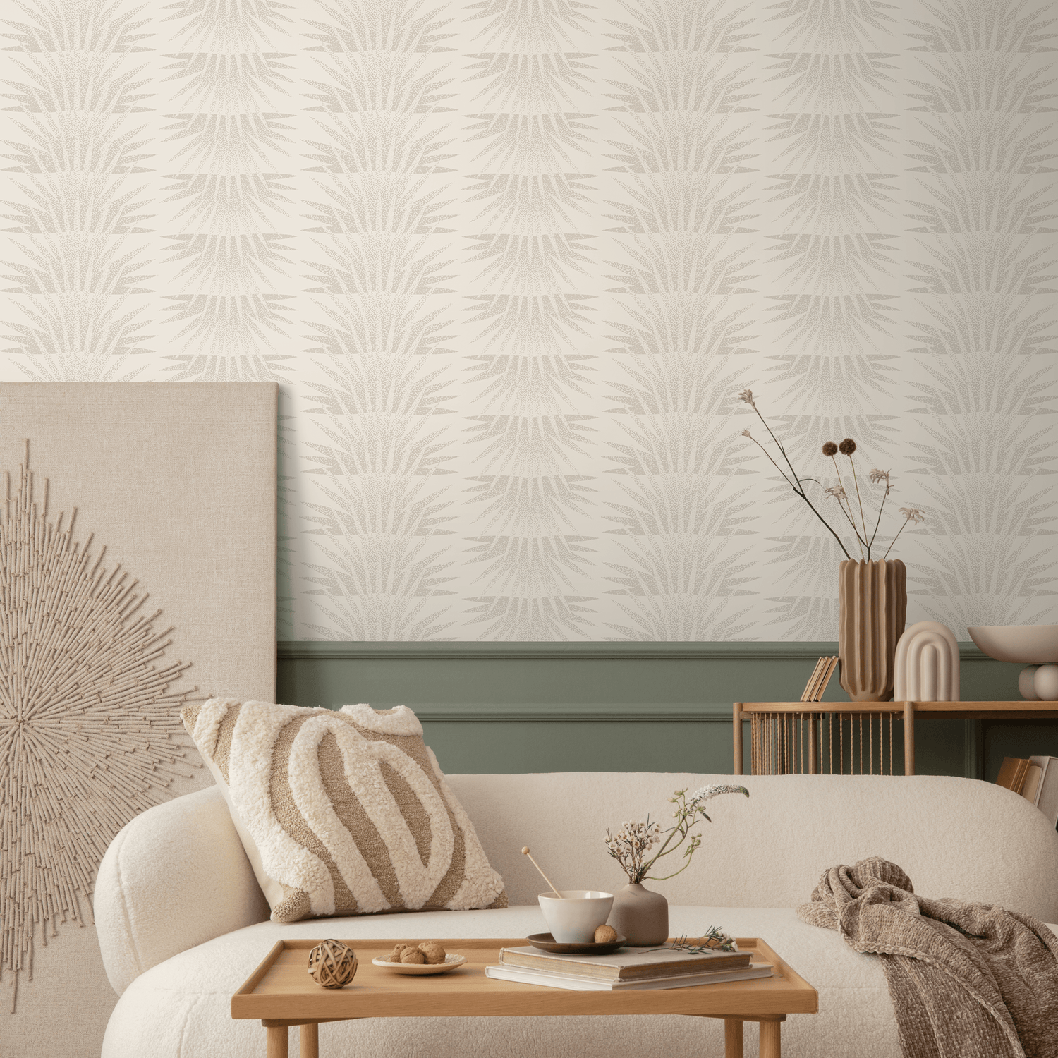 Art Deco Wallpaper with a Stylized Sunburst Motif in Beige and Cream - C464
