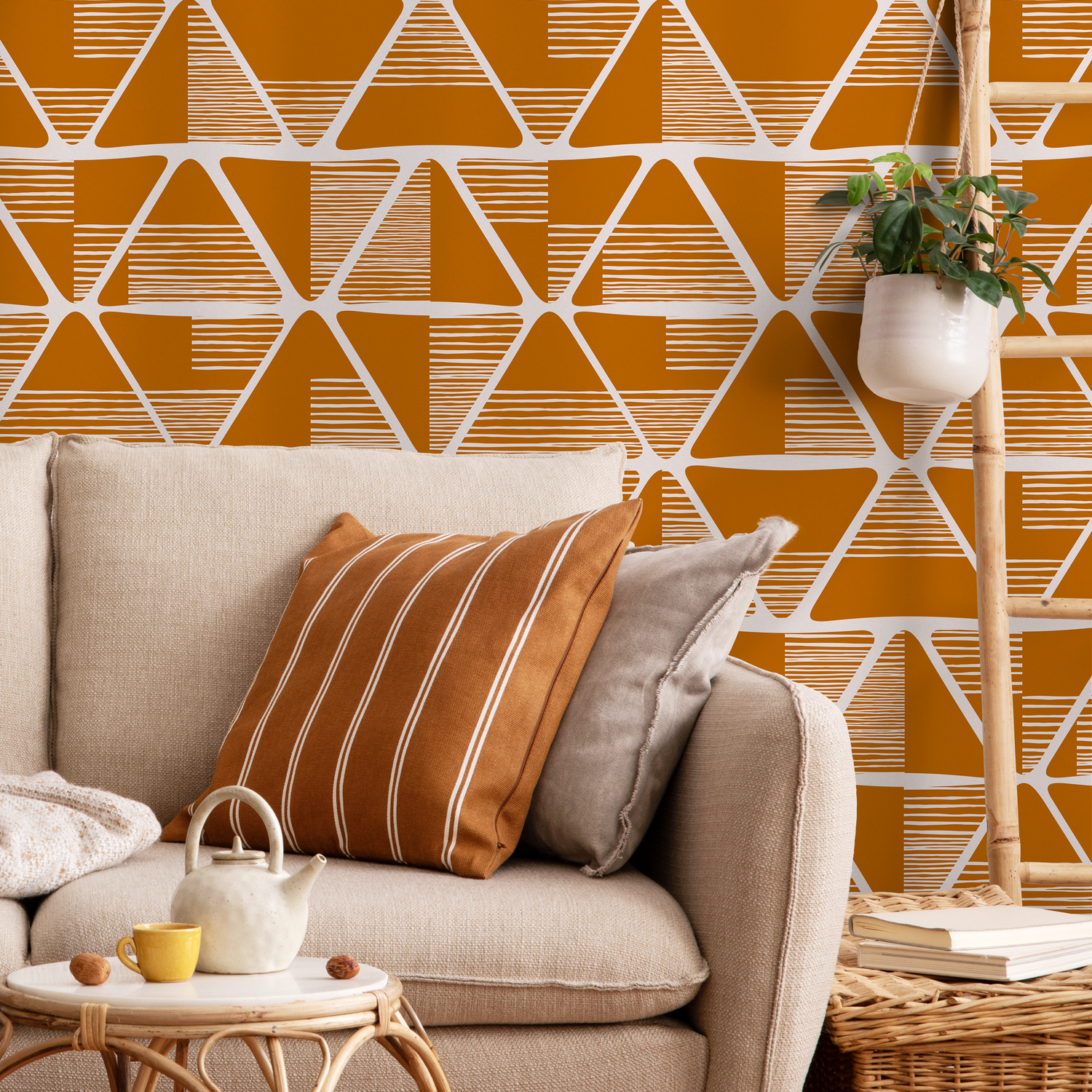 Papel tapiz autoadhesivo, papel tapiz removible, decoración del hogar, arte de pared, decoración de habitaciones / Papel tapiz geométrico naranja - C466