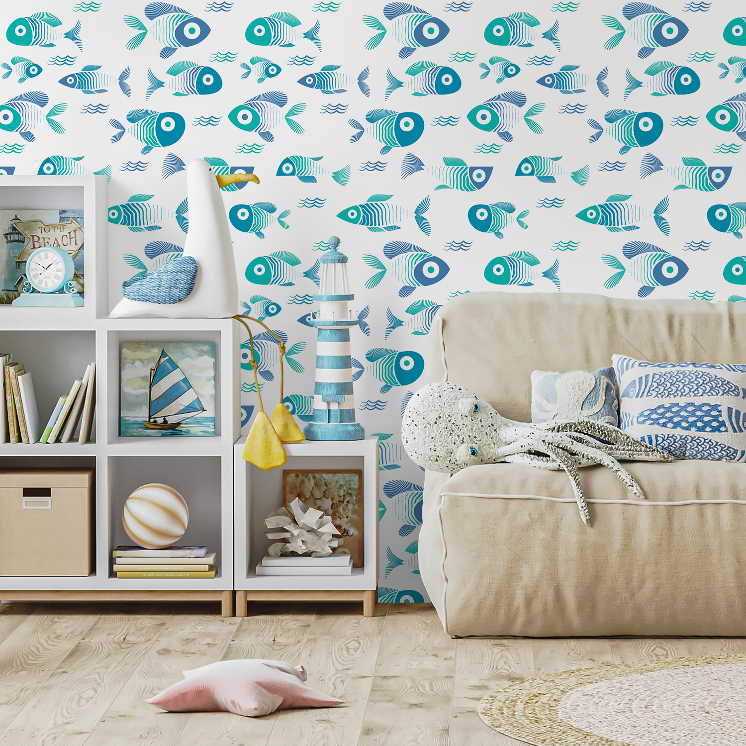 Nautical Wallpaper Featuring a School of Fish in Blue and Teal - C467