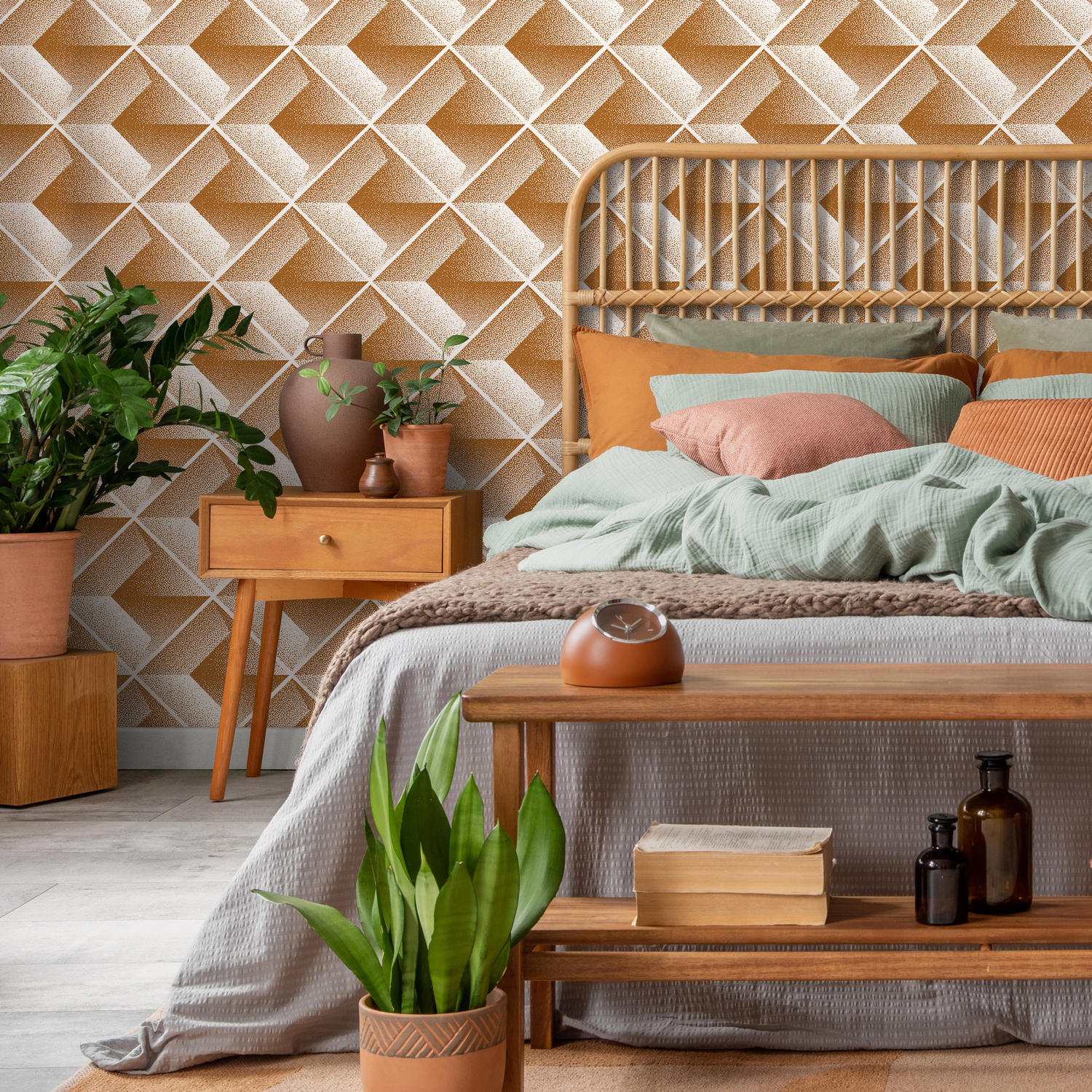 Geometric Wallpaper Featuring a 3D Cube Illusion in Copper and White - C469