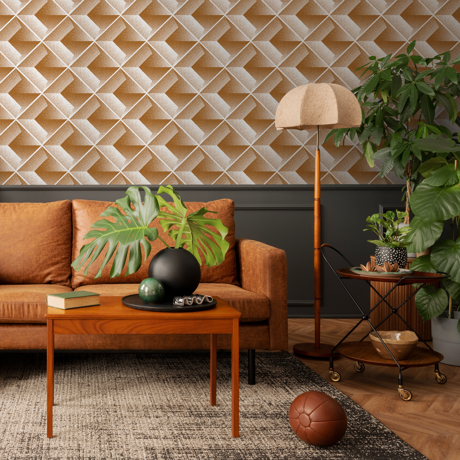Geometric Wallpaper Featuring a 3D Cube Illusion in Copper and White - C469