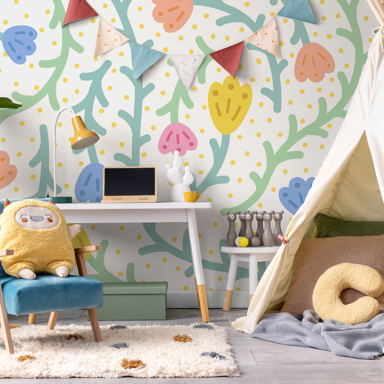 Kids Wallpaper with Abstract Flowers and Dots in Yellow, Blue, and Pink - C474