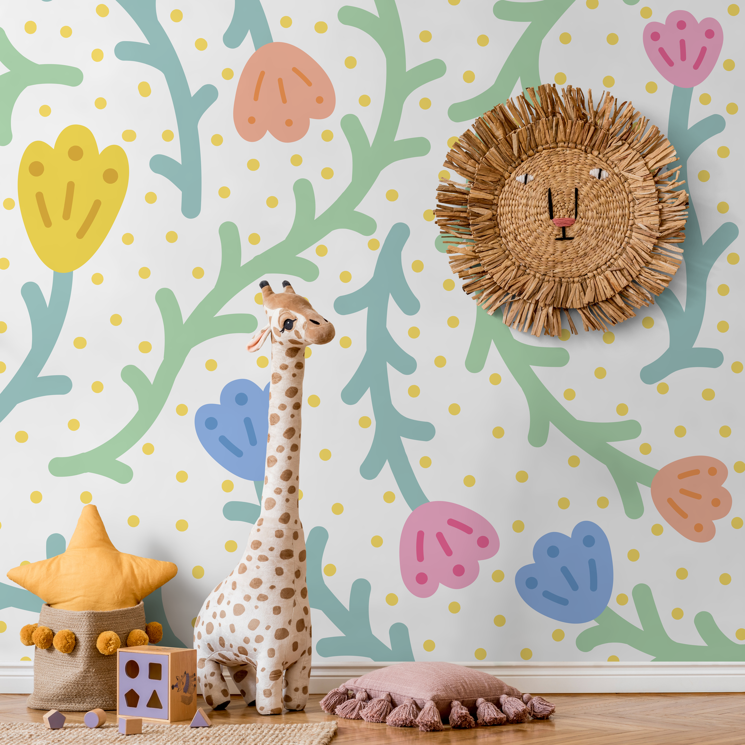 Kids Wallpaper with Abstract Flowers and Dots in Yellow, Blue, and Pink - C474