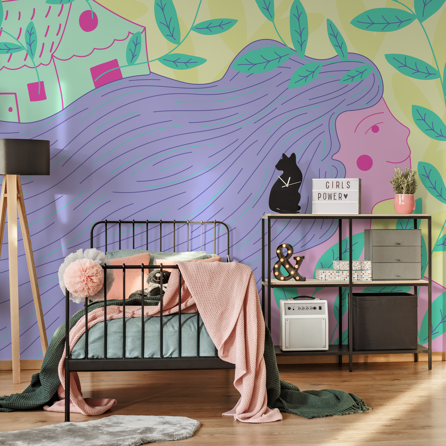 Illustrative Wallpaper with a Stylized Woman in Purple, Pink, and Green - C475