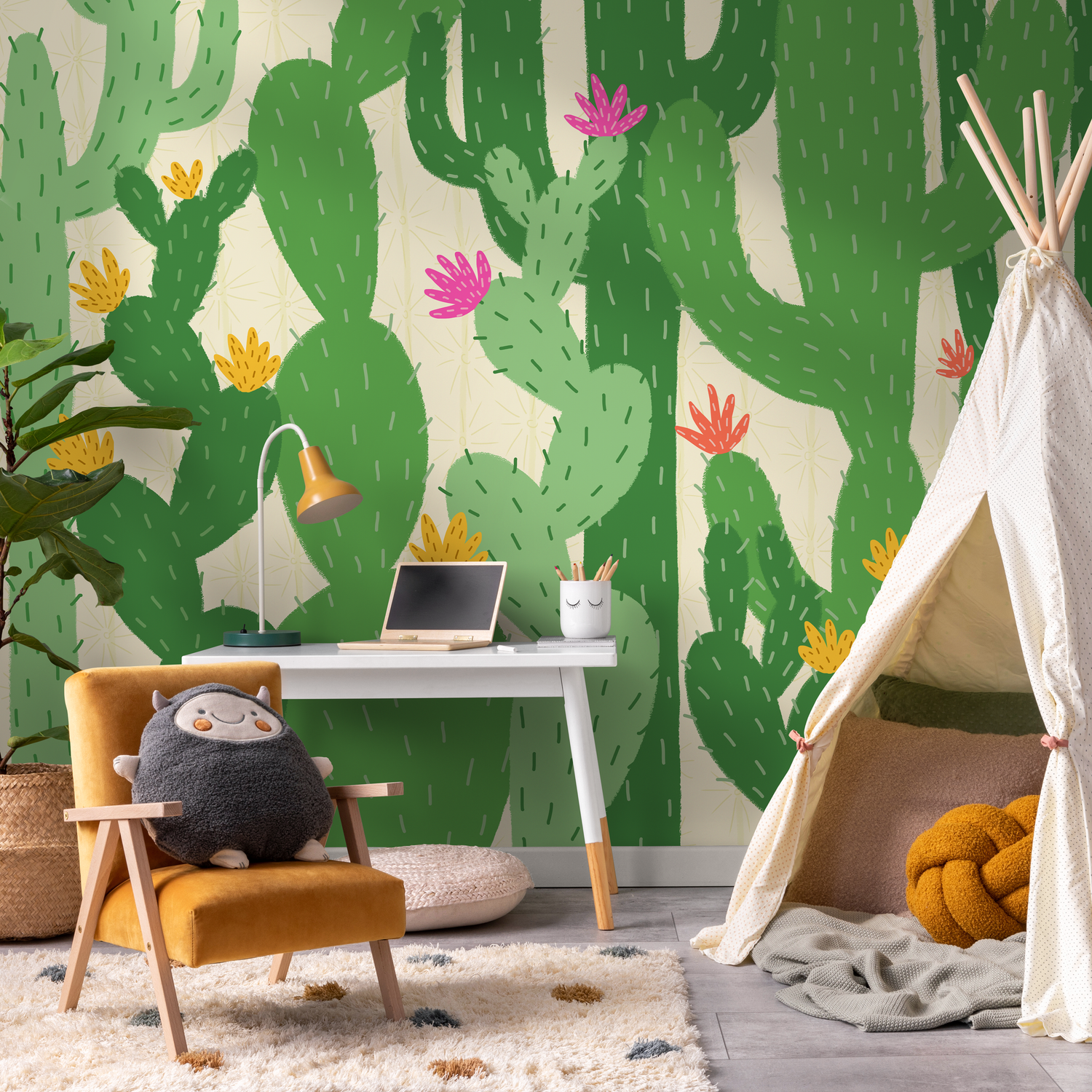 Cactus Wallpaper with Stylized Desert Flowers in Green, Pink, and Yellow - C477