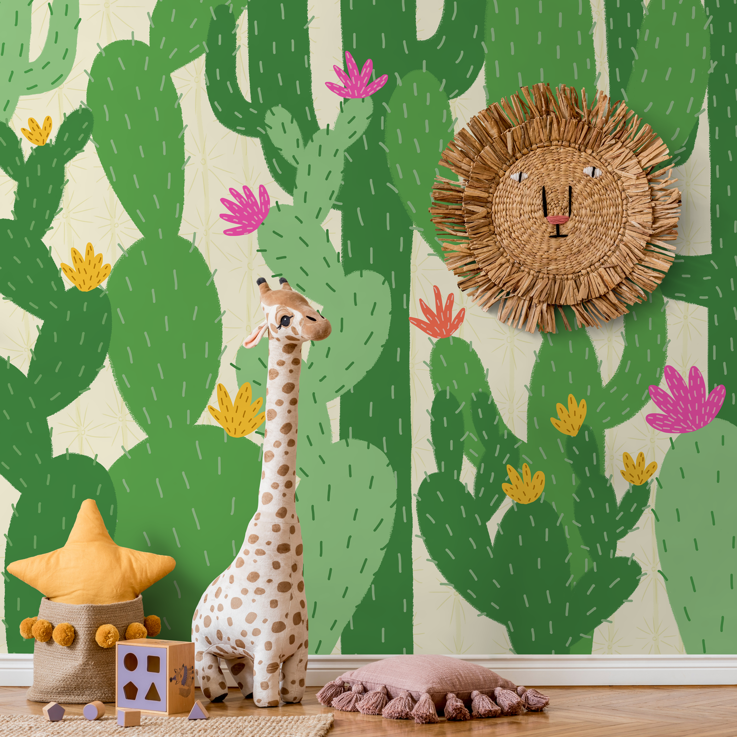 Cactus Wallpaper with Stylized Desert Flowers in Green, Pink, and Yellow - C477