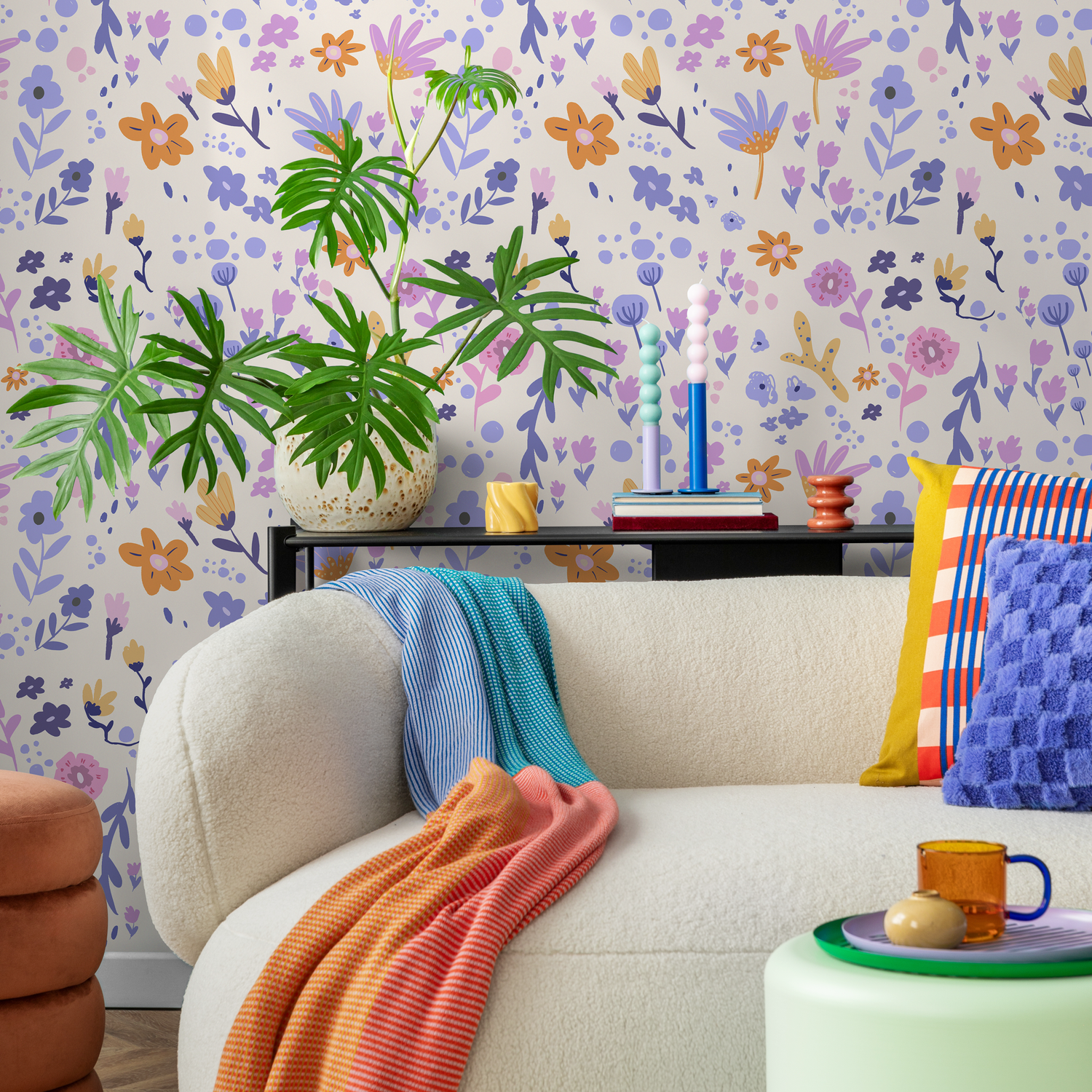 Papier peint autocollant amovible, décoration d'intérieur, art mural, décoration de chambre / Papier peint violet à jolies fleurs - AS2-C478