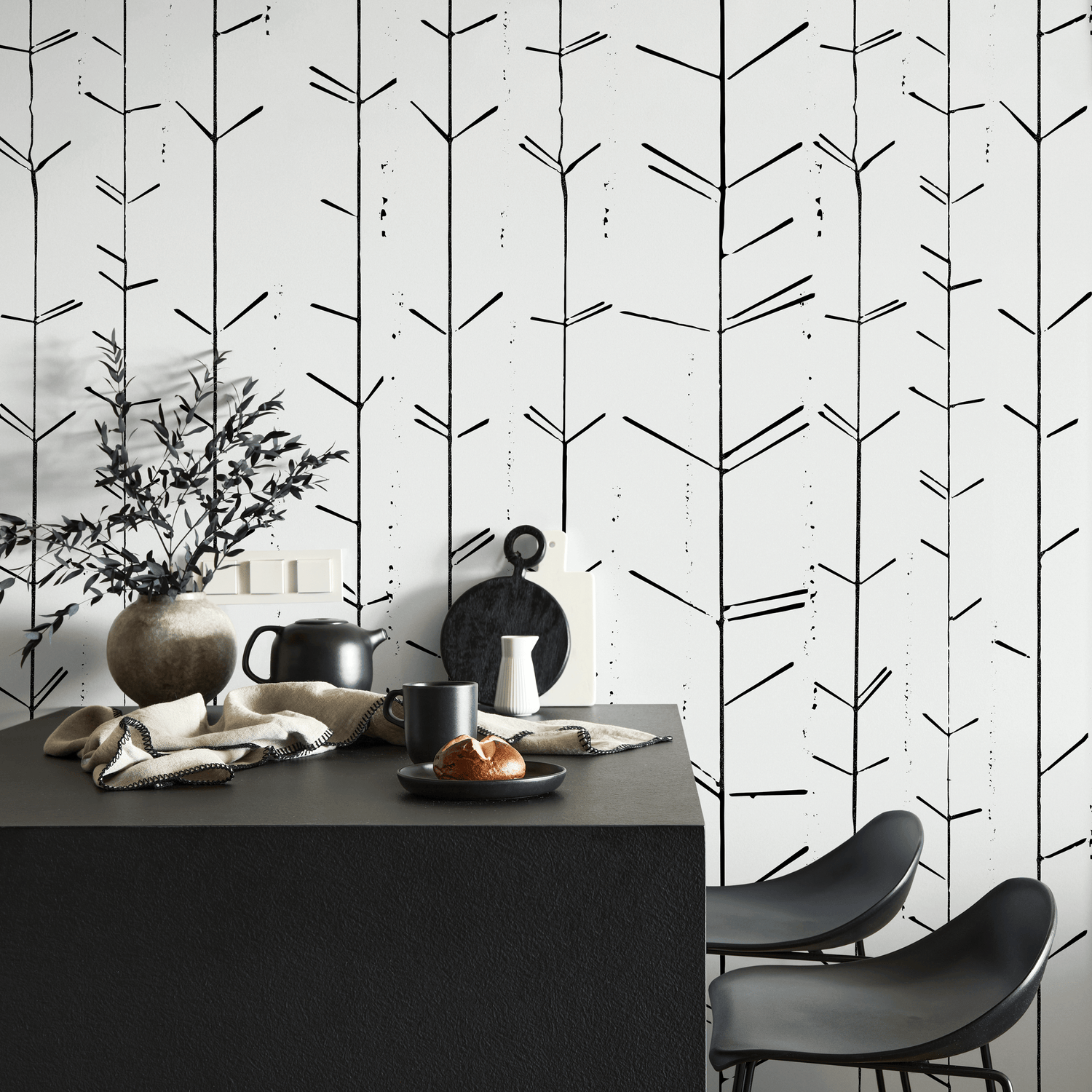 Minimalist Wallpaper with Abstract Branch Stems in Black - C485