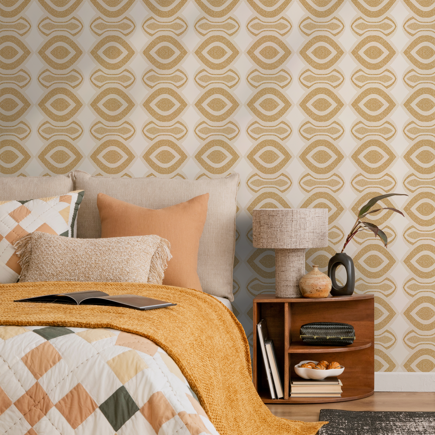 Papel pintado autoadhesivo, papel pintado extraíble, decoración del hogar, arte de pared, decoración de habitaciones, papel pintado beige de mediados de siglo - C494
