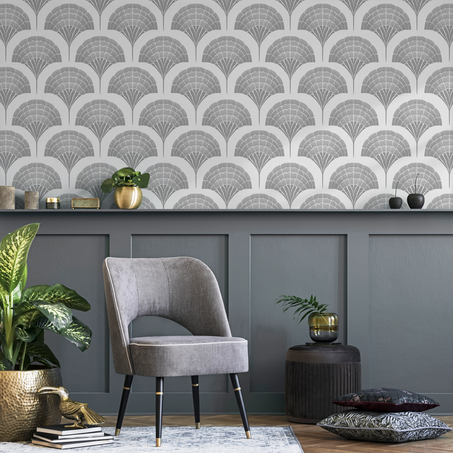 Art Deco Wallpaper with a Stylized Ginkgo Leaf Motif in Gray - C501