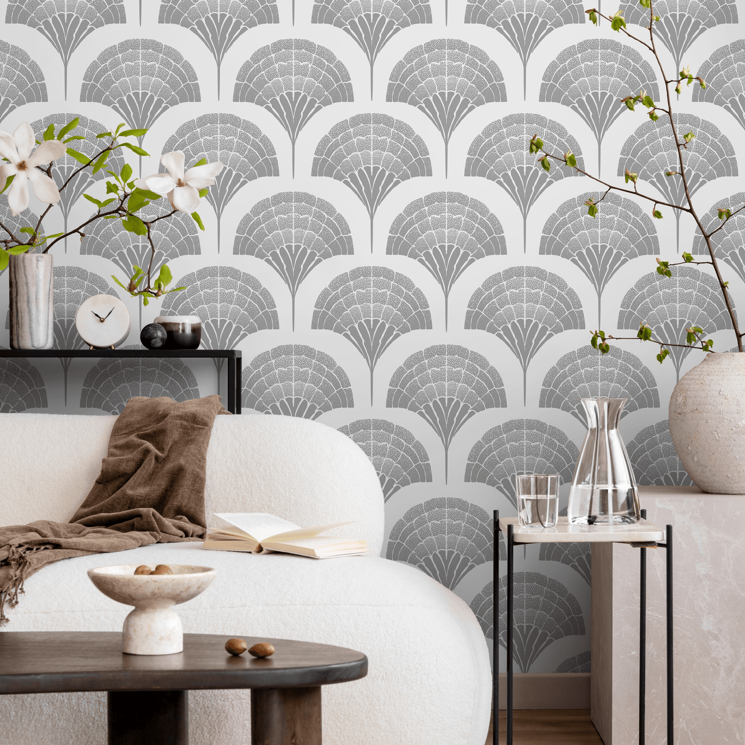 Art Deco Wallpaper with a Stylized Ginkgo Leaf Motif in Gray - C501