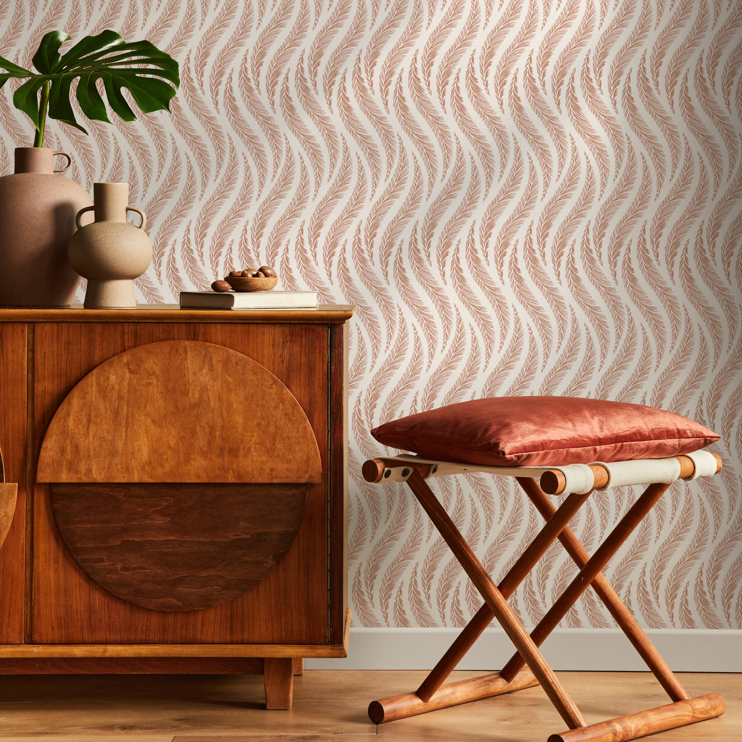 Bohemian Wallpaper with a Wavy Feather Motif in Pink and Terracotta - C525