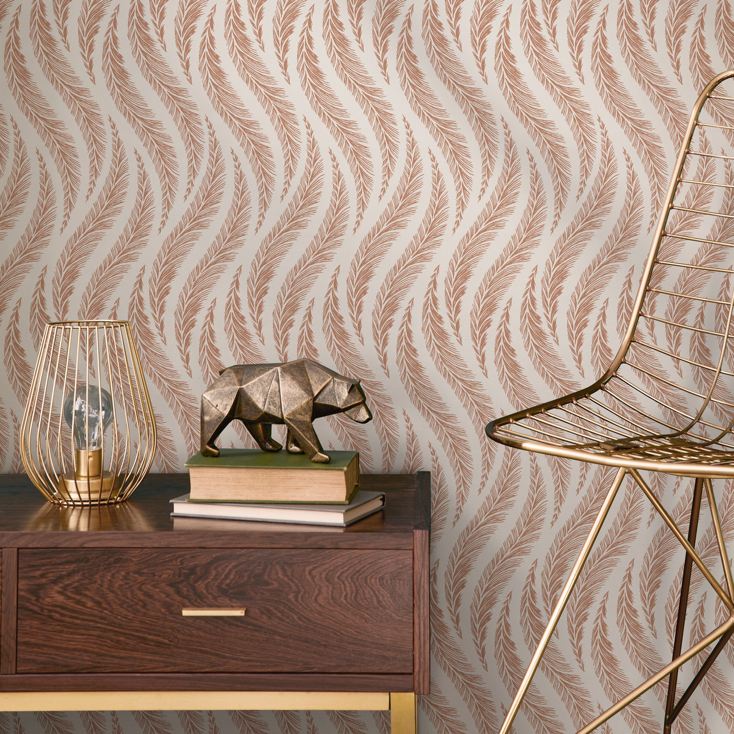 Bohemian Wallpaper with a Wavy Feather Motif in Pink and Terracotta - C525