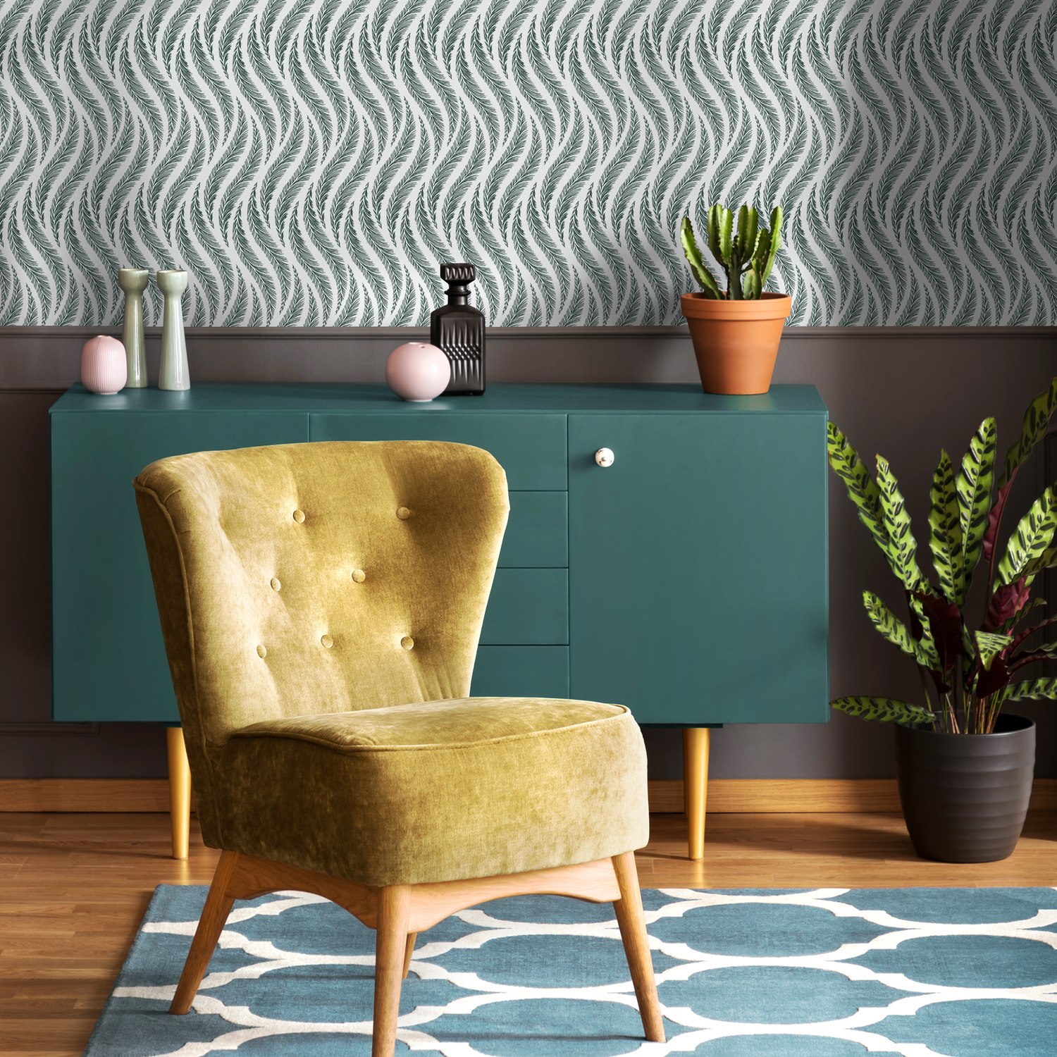 Papel tapiz autoadhesivo, papel tapiz removible, decoración del hogar, arte de pared, decoración de habitaciones / Papel tapiz de plumas verdes y grises - C526