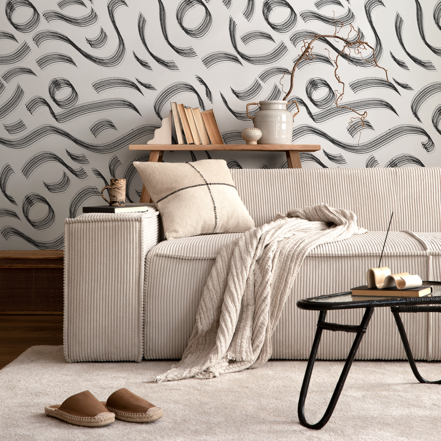 Papel tapiz autoadhesivo, papel tapiz extraíble, decoración del hogar, arte de pared, decoración de habitaciones / Papel tapiz abstracto de líneas negras - C527