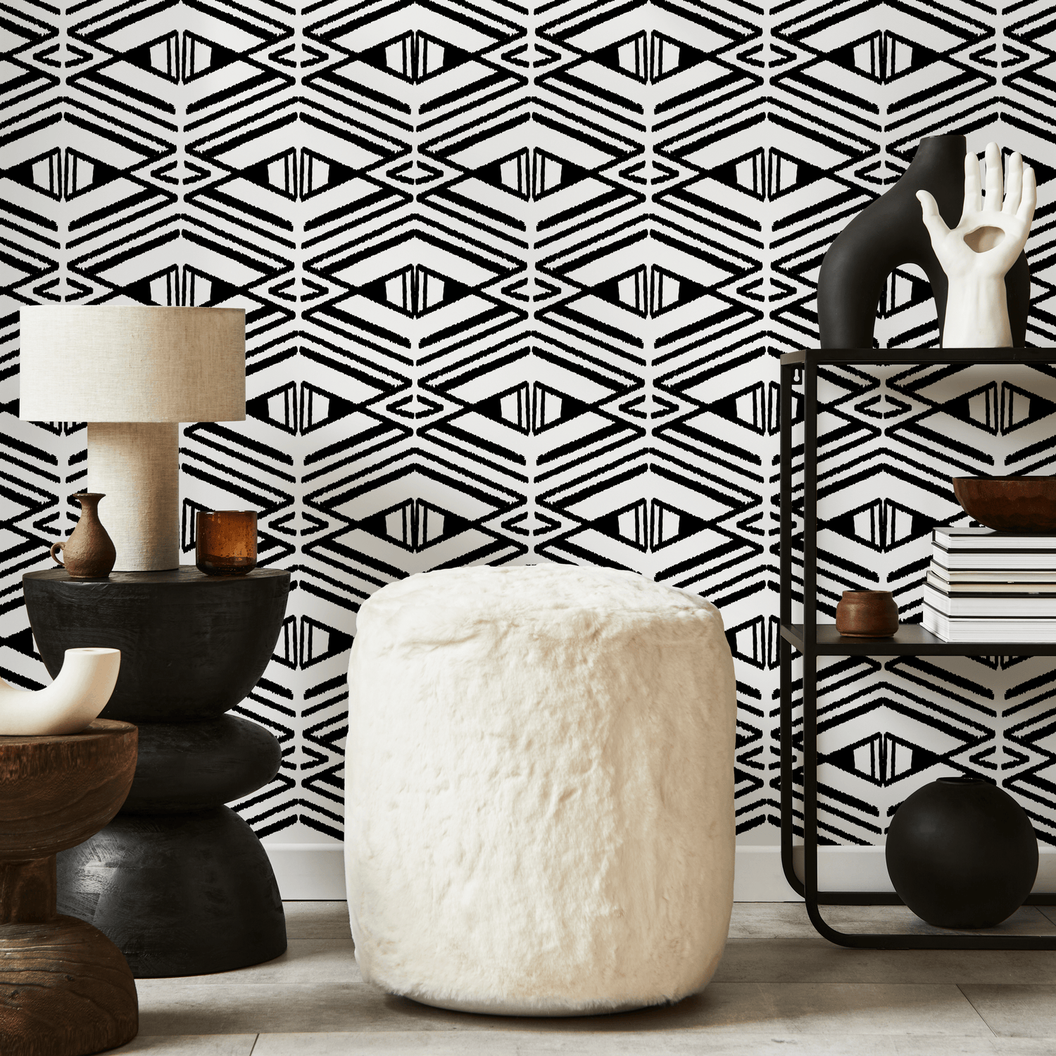Geometric Wallpaper with a Stamped Diamond Motif in Black and White - C539
