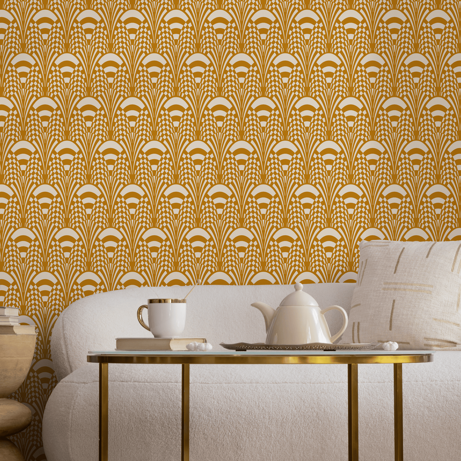 Papel tapiz autoadhesivo, papel tapiz removible, decoración del hogar, arte de pared, decoración de habitaciones, papel tapiz retro amarillo de mediados de siglo - C544