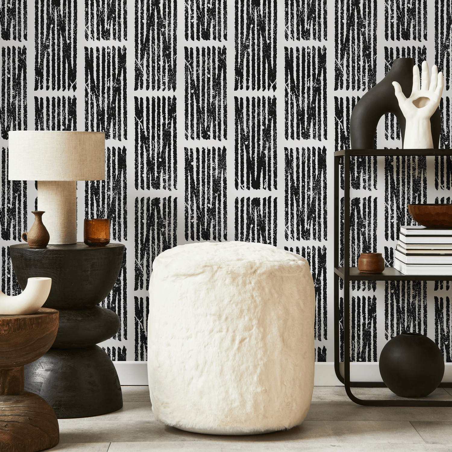 Geometric Wallpaper with a Distressed Block Print Motif in Black and White - C550