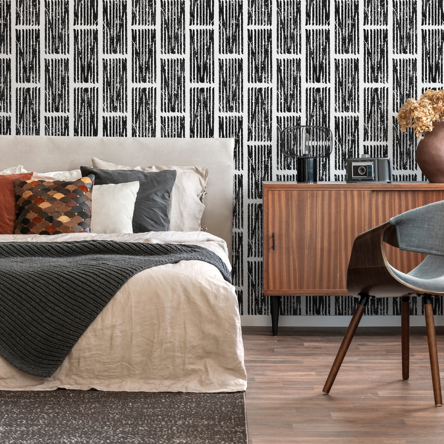 Geometric Wallpaper with a Distressed Block Print Motif in Black and White - C550
