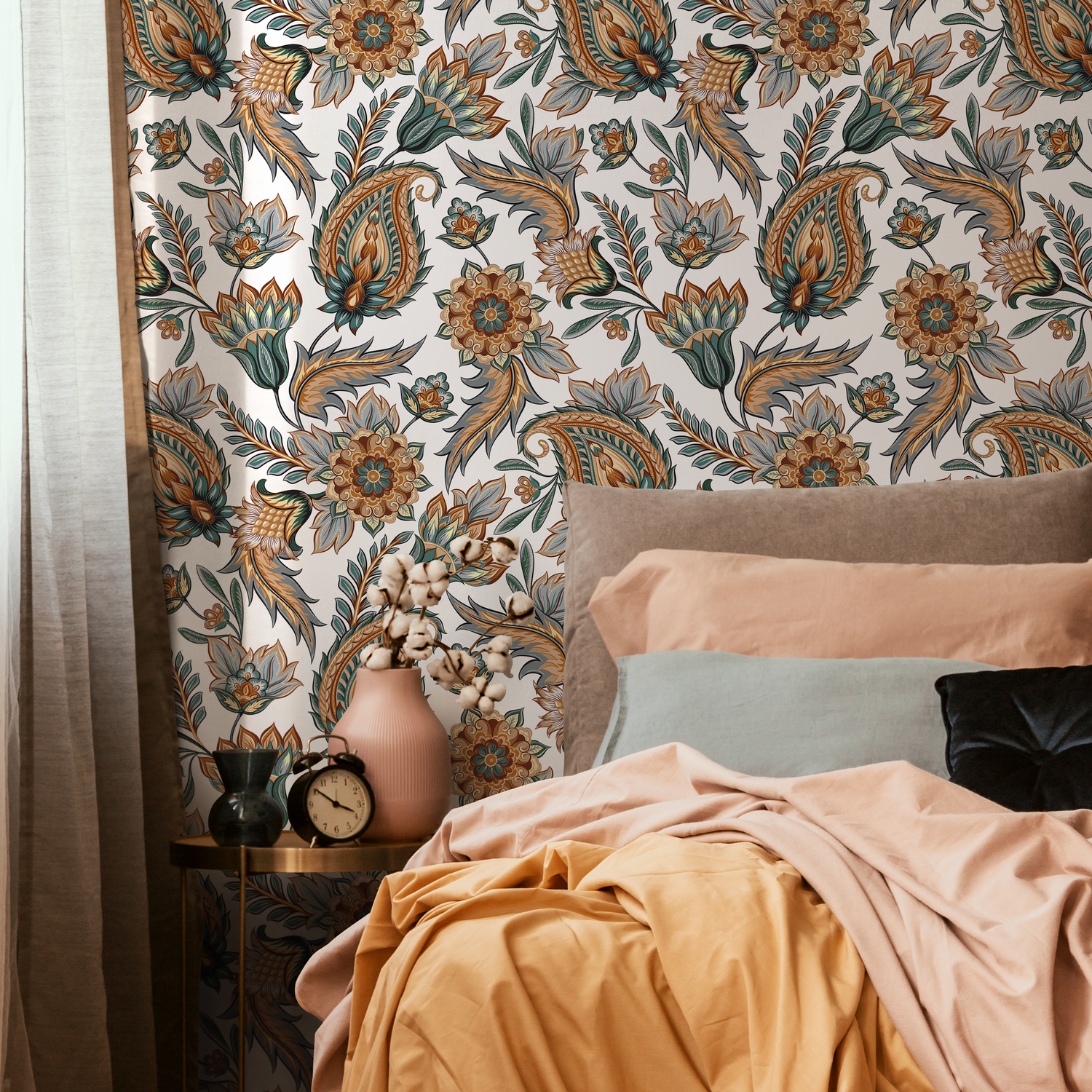 Bohemian Wallpaper Featuring Classic Paisley Florals in Teal, Orange, and Blue - C553