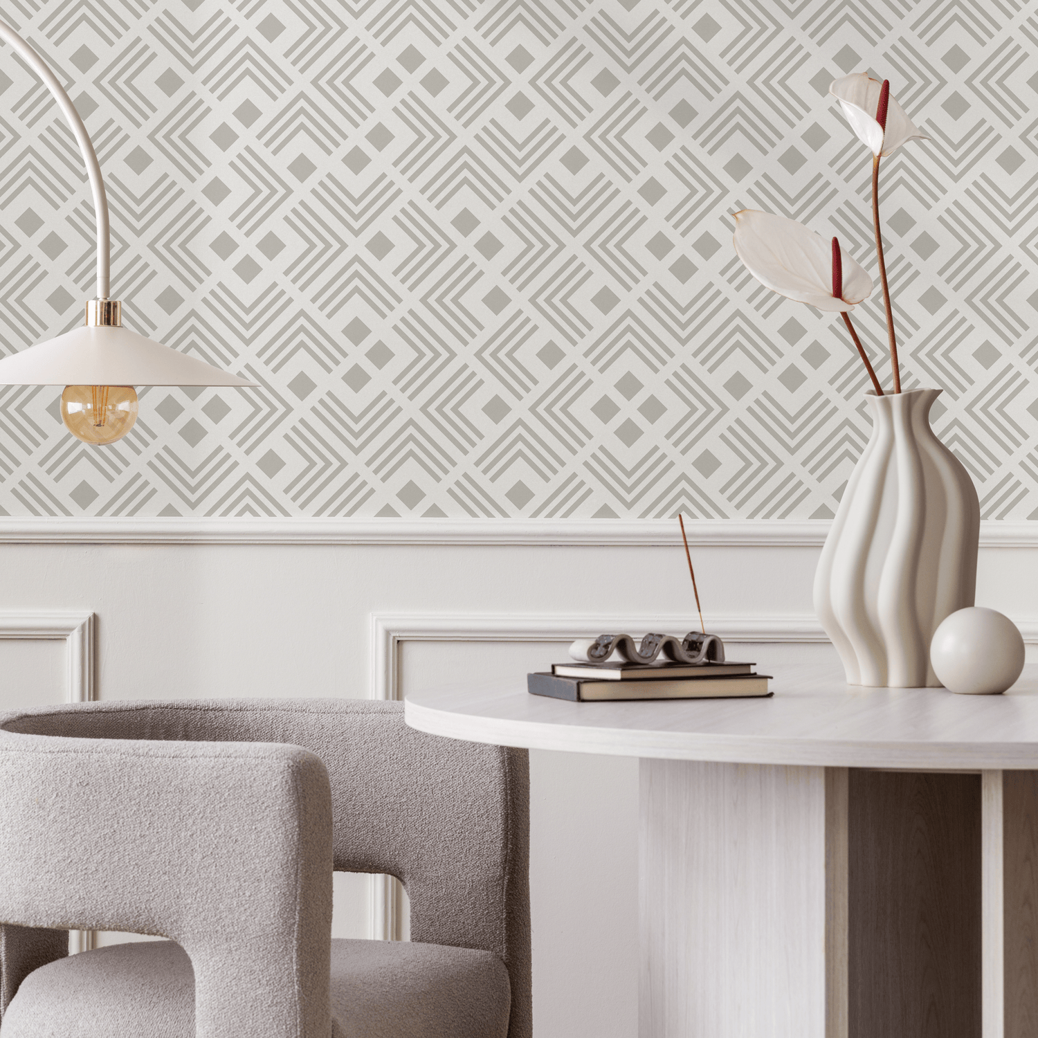 Art Deco Wallpaper with a Chevron and Diamond Motif in Light Gray and Taupe - C556