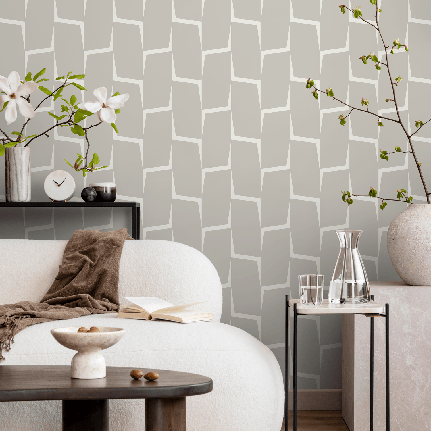 Abstract Wallpaper with an Angular Block Pattern in White and Beige - C560