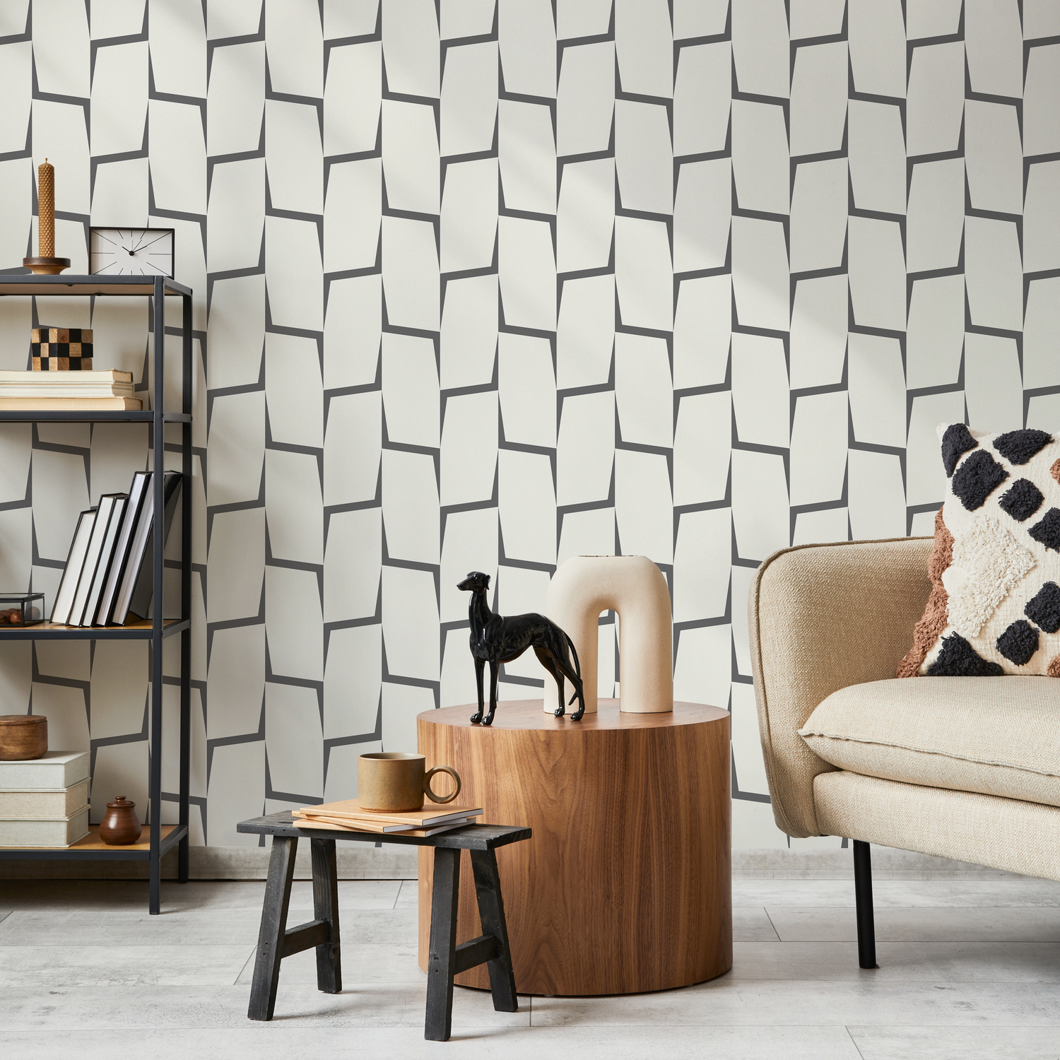 Geometric Wallpaper with an Interlocking Block Motif in Gray and Beige - C561