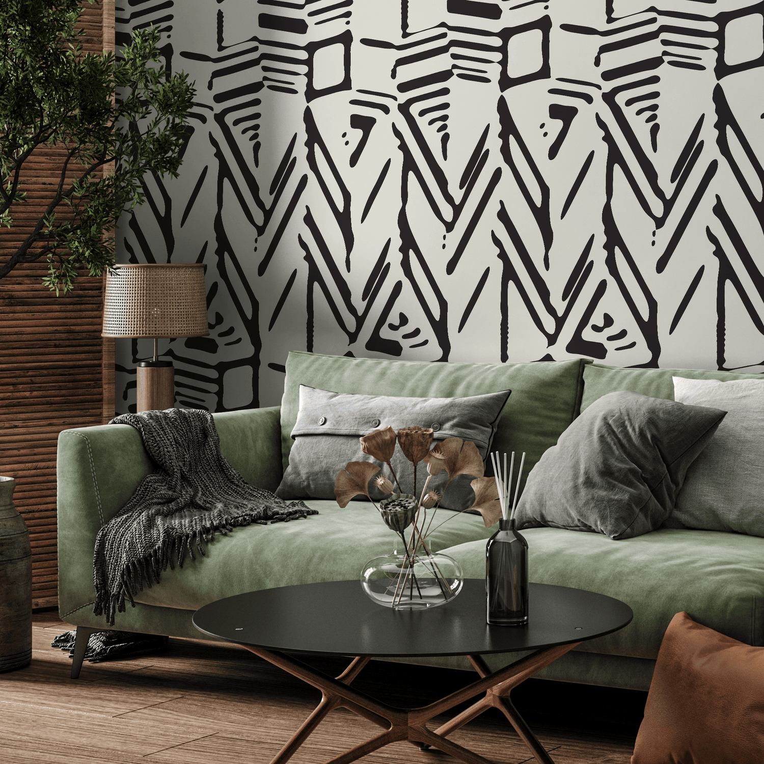 Abstract Wallpaper with a Bold Block Print Motif in Black and Beige - C568