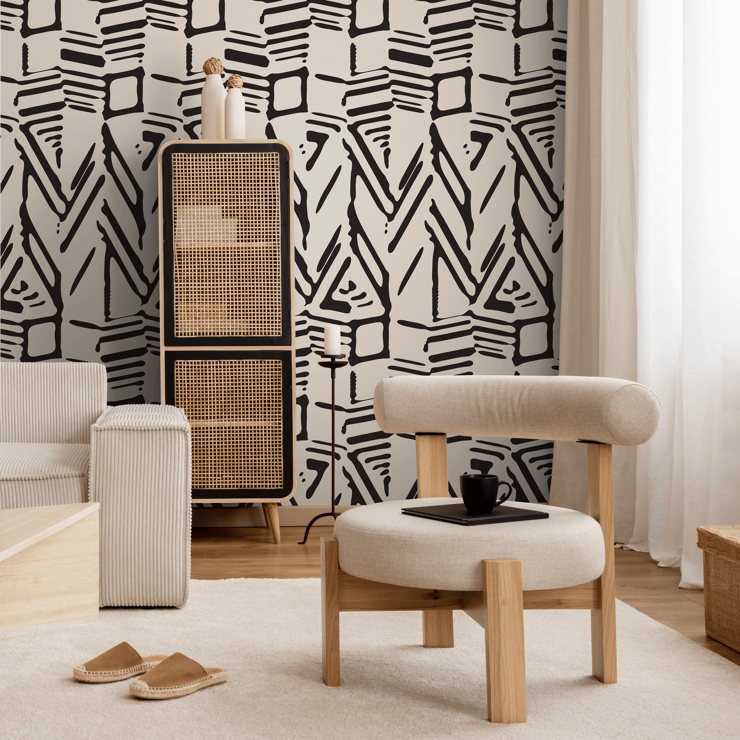 Abstract Wallpaper with a Bold Block Print Motif in Black and Beige - C568