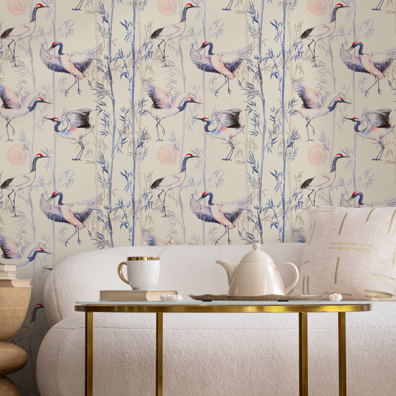 Chinoiserie Wallpaper with Cranes and Bamboo in Blue, Beige, and Red - C573