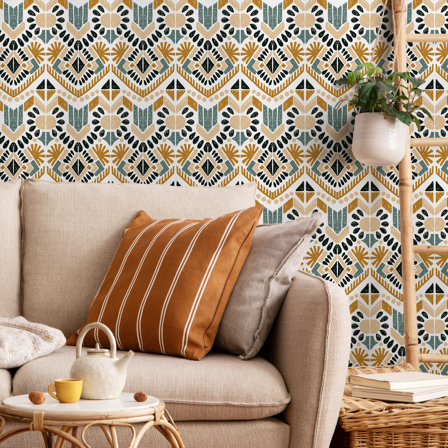 Geometric Wallpaper with a Boho Tribal Motif in Ochre, Teal, and Black - C585