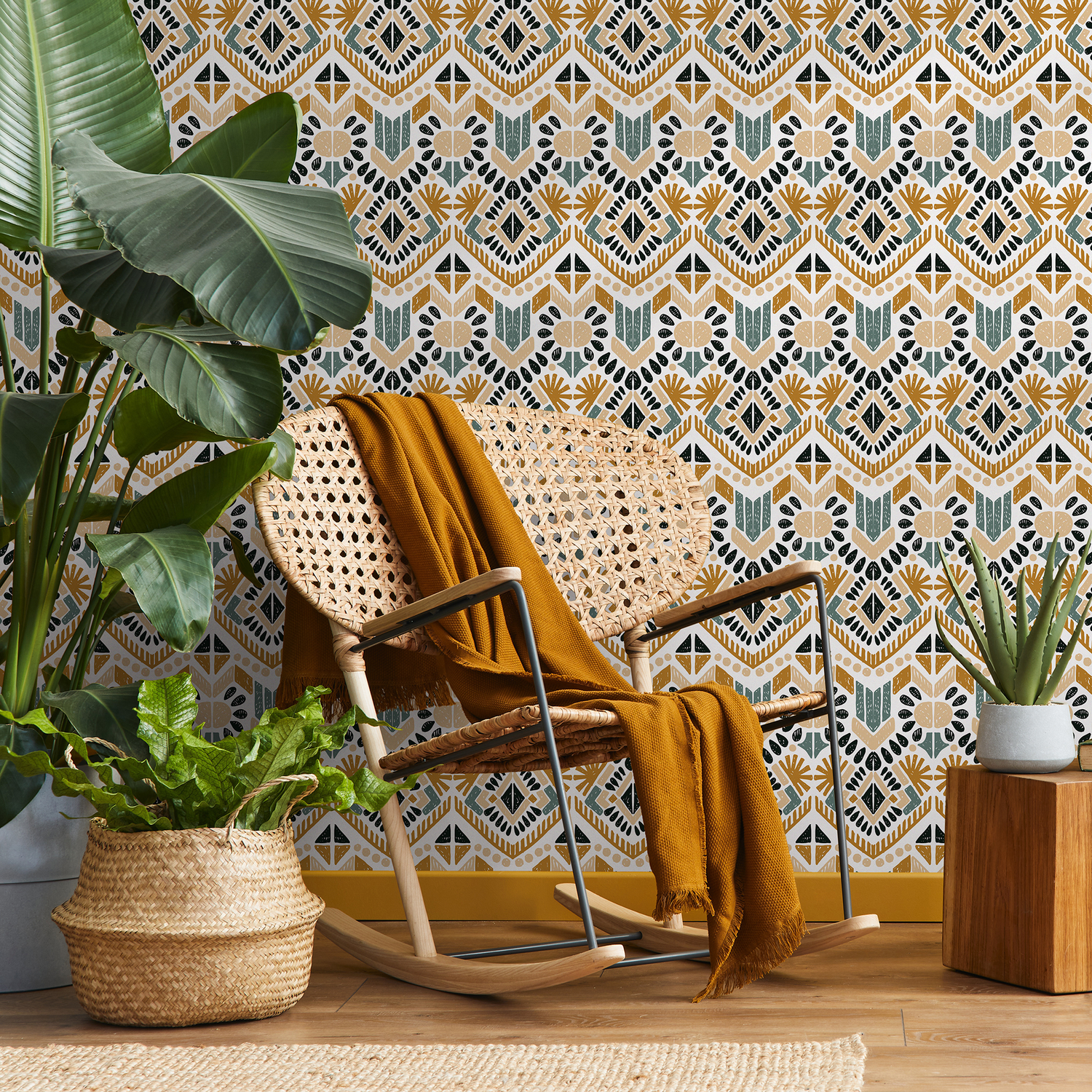 Geometric Wallpaper with a Boho Tribal Motif in Ochre, Teal, and Black - C585