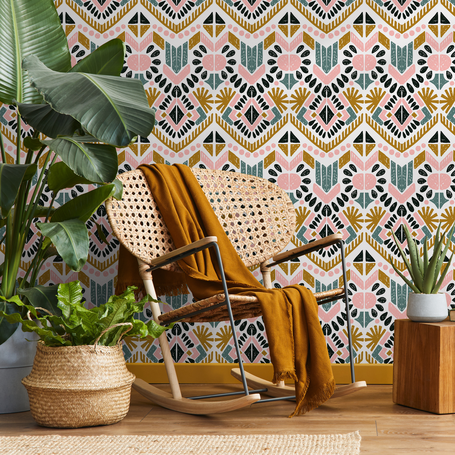 Boho Geometric Wallpaper with a Tribal Motif in Pink, Teal, and Ochre - C586