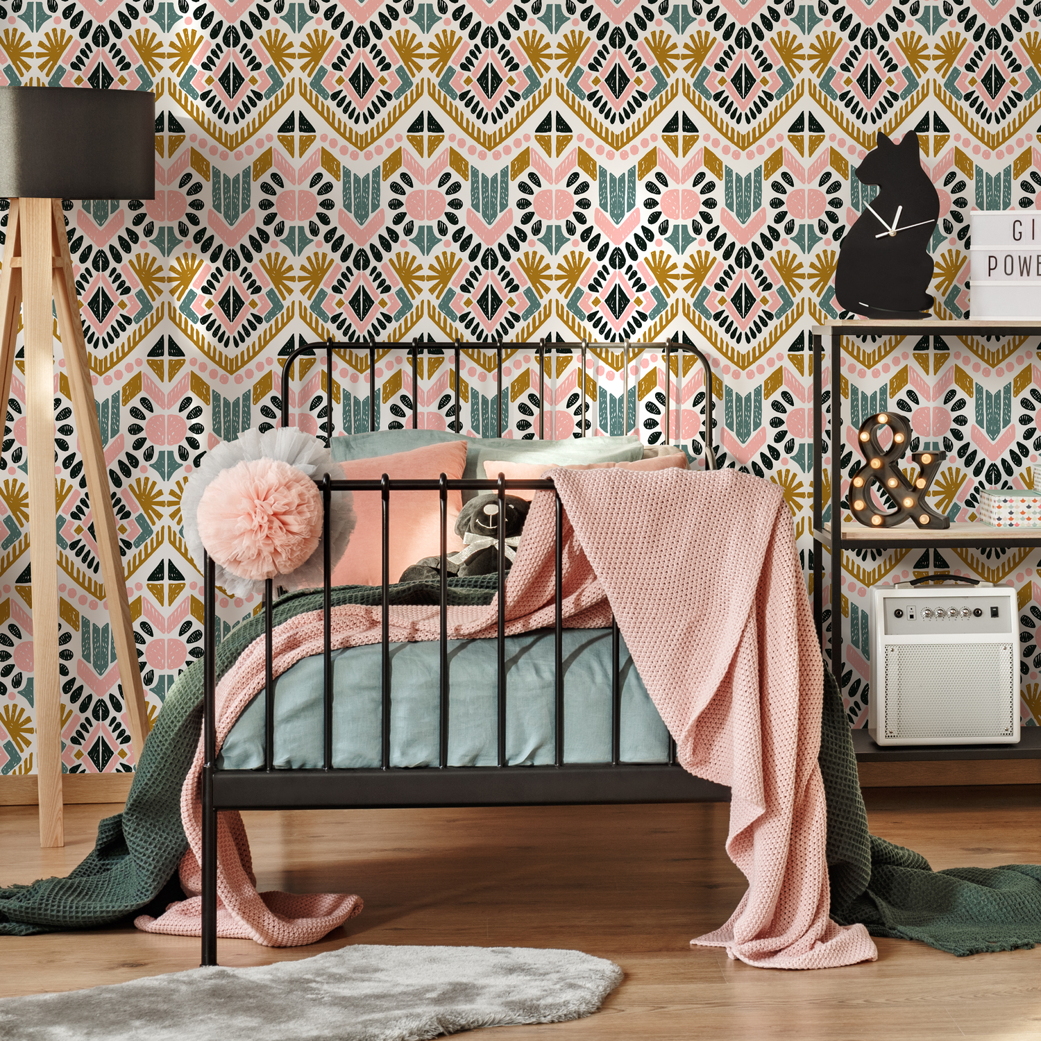 Boho Geometric Wallpaper with a Tribal Motif in Pink, Teal, and Ochre - C586