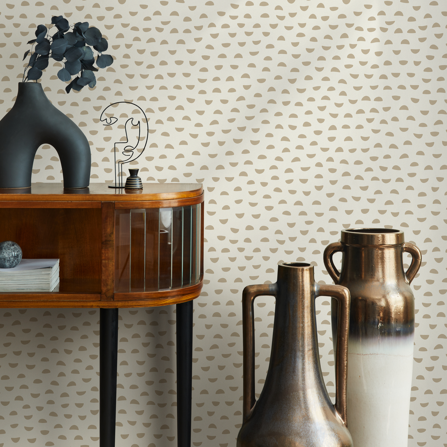 Abstract Wallpaper with a Semi-Circle Motif in Beige - C588