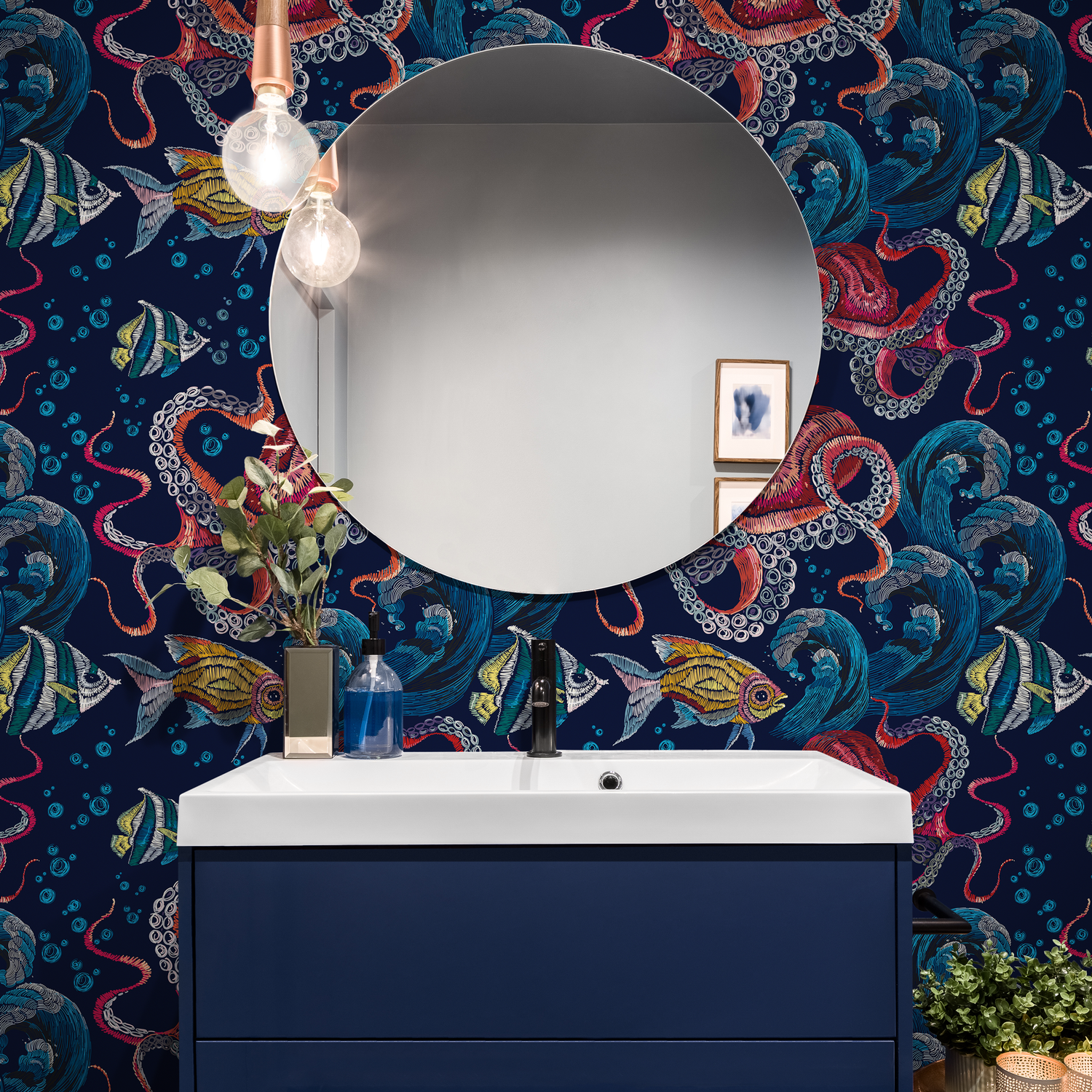Coastal Wallpaper with an Embroidered Octopus and Fish in Blue, Red, and Yellow - C595