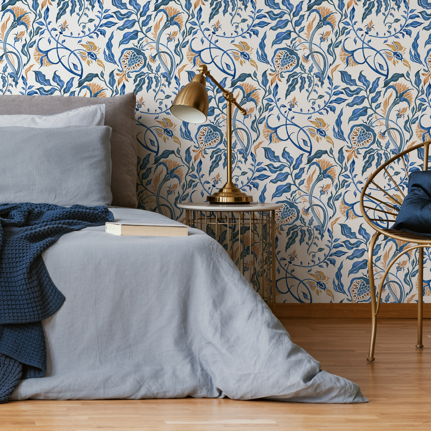 Vintage Wallpaper Featuring Art Nouveau Floral Vines in Blue and Gold - C600