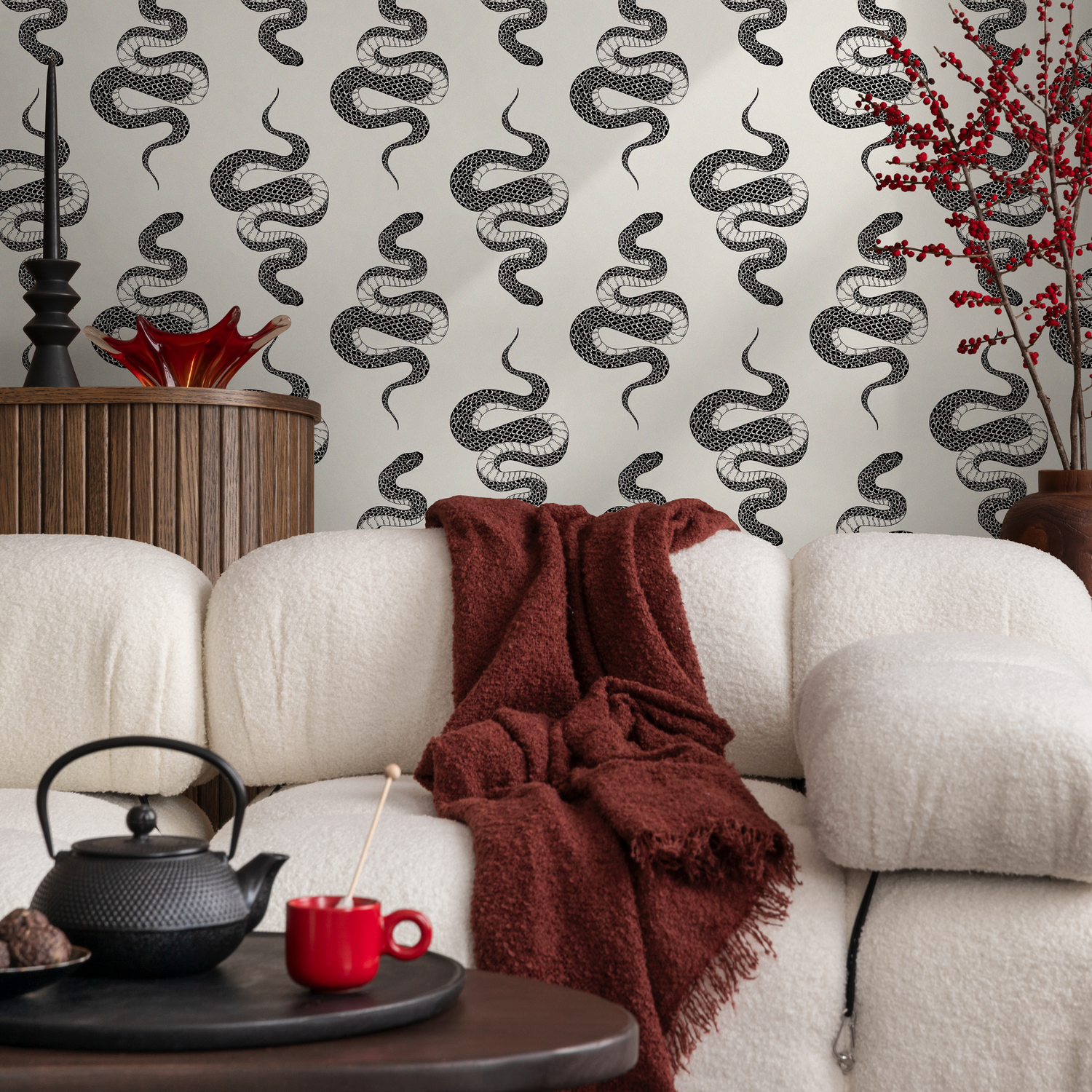 Papel tapiz autoadhesivo, papel tapiz removible, decoración del hogar, arte de pared, decoración de habitaciones / Papel tapiz de serpiente gris y negra - C606