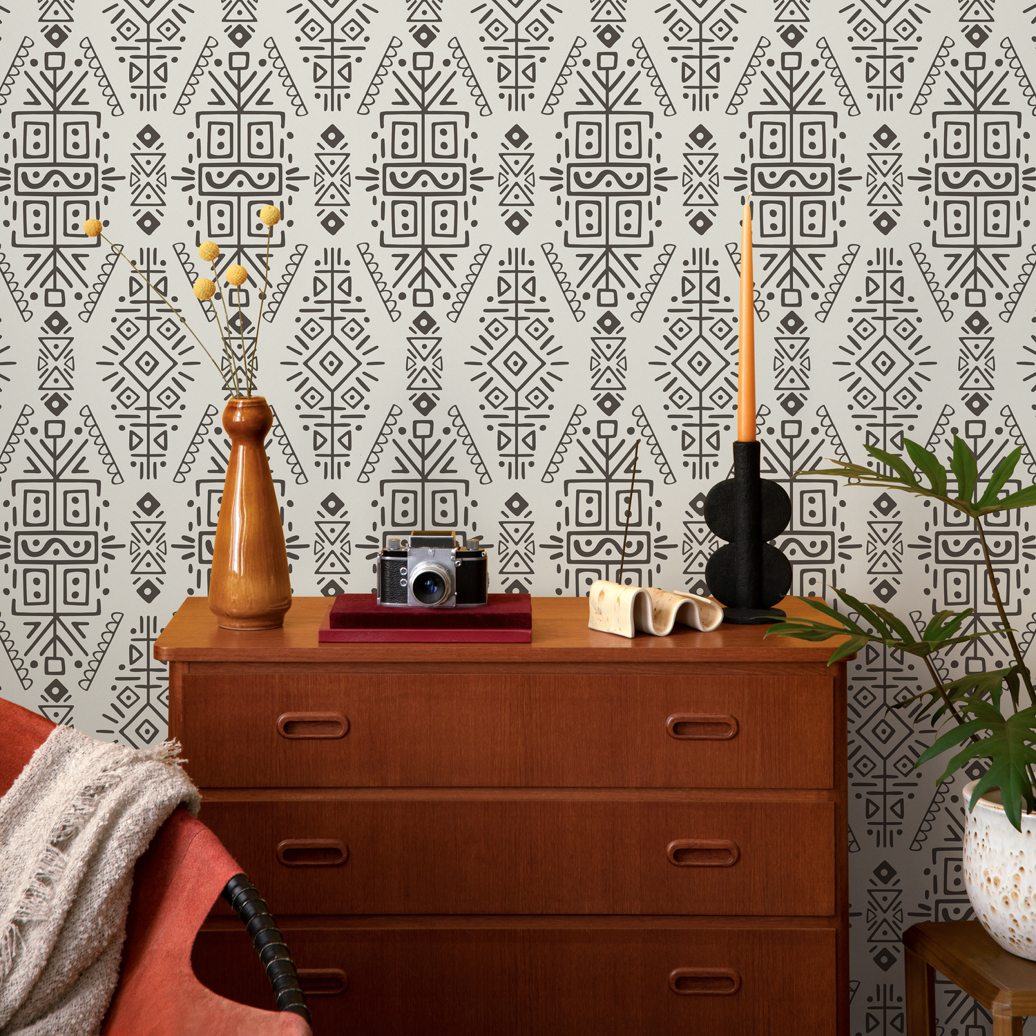 Papel tapiz autoadhesivo, papel tapiz extraíble, decoración del hogar, arte de pared, decoración de habitaciones, papel tapiz étnico tribal beige y negro - C607