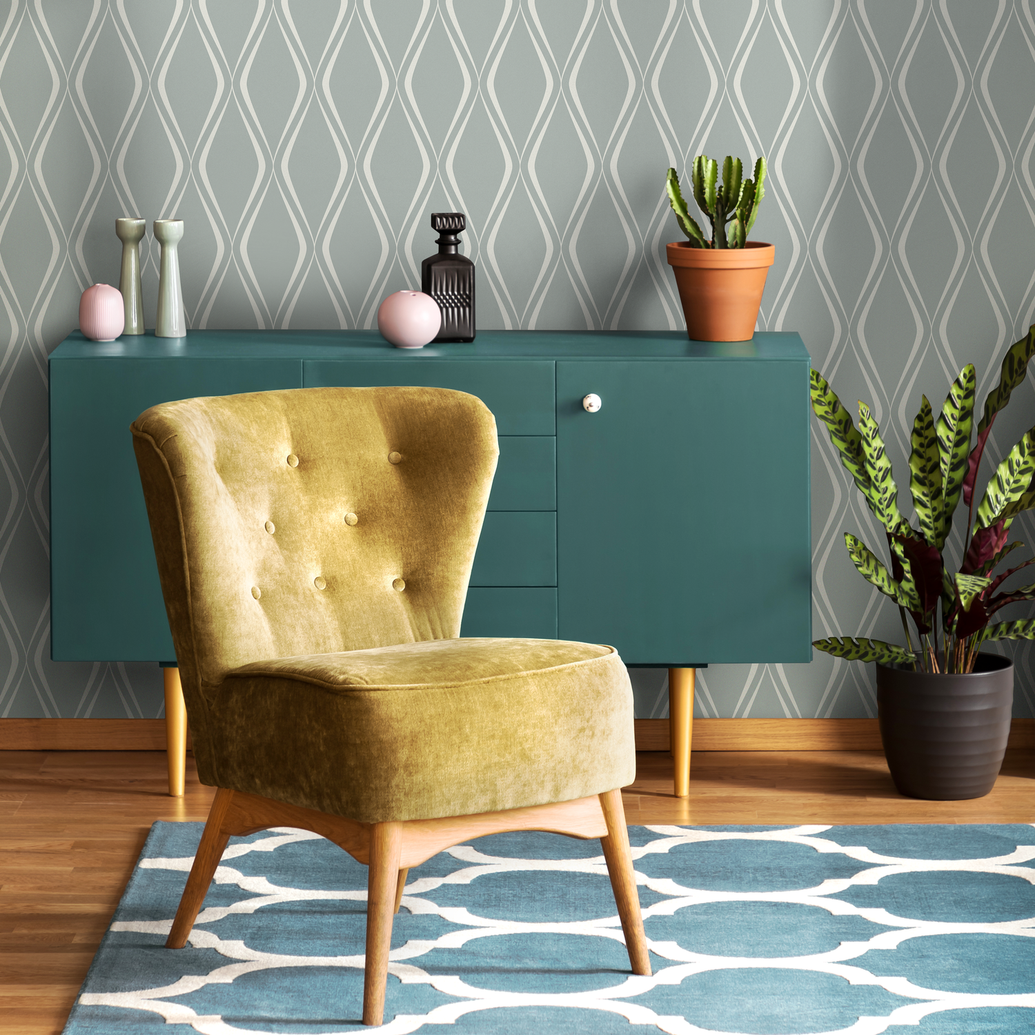 Papel pintado autoadhesivo, papel pintado extraíble, decoración del hogar, arte de pared, decoración de habitaciones / Papel pintado orgánico verde y blanco - C616