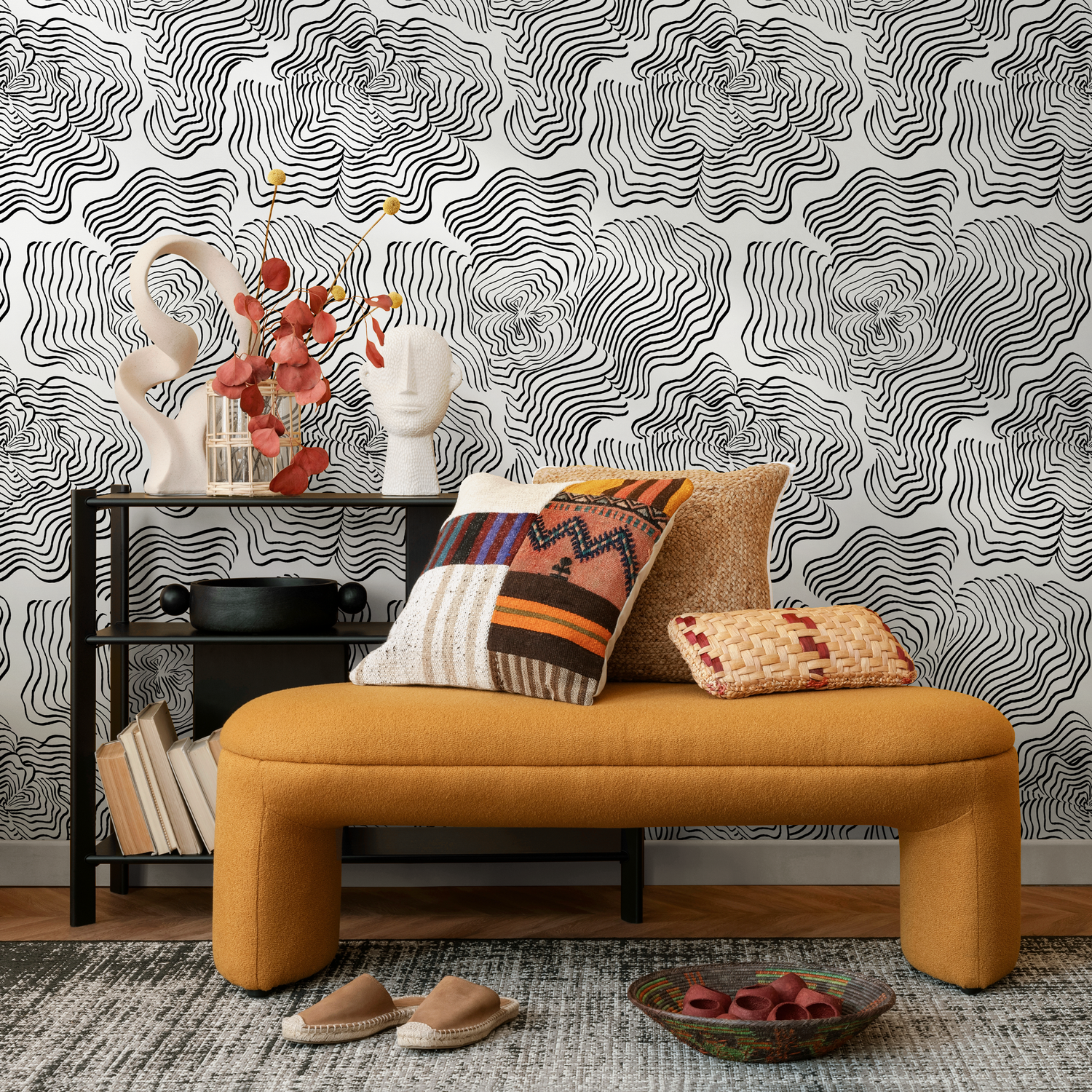 Papel pintado abstracto en blanco y negro / Papel pintado autoadhesivo, papel pintado extraíble, decoración del hogar, arte de pared, decoración de habitaciones - C628