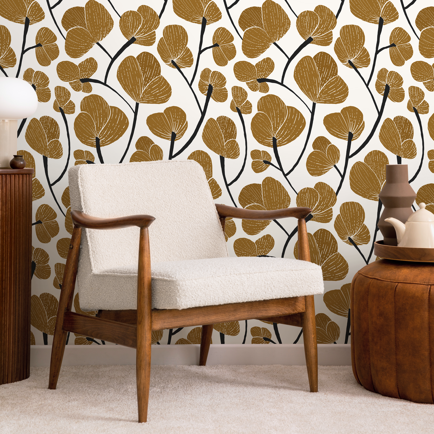 Floral Wallpaper with Modern Stylized Blooms in Mustard Yellow and Black - C633